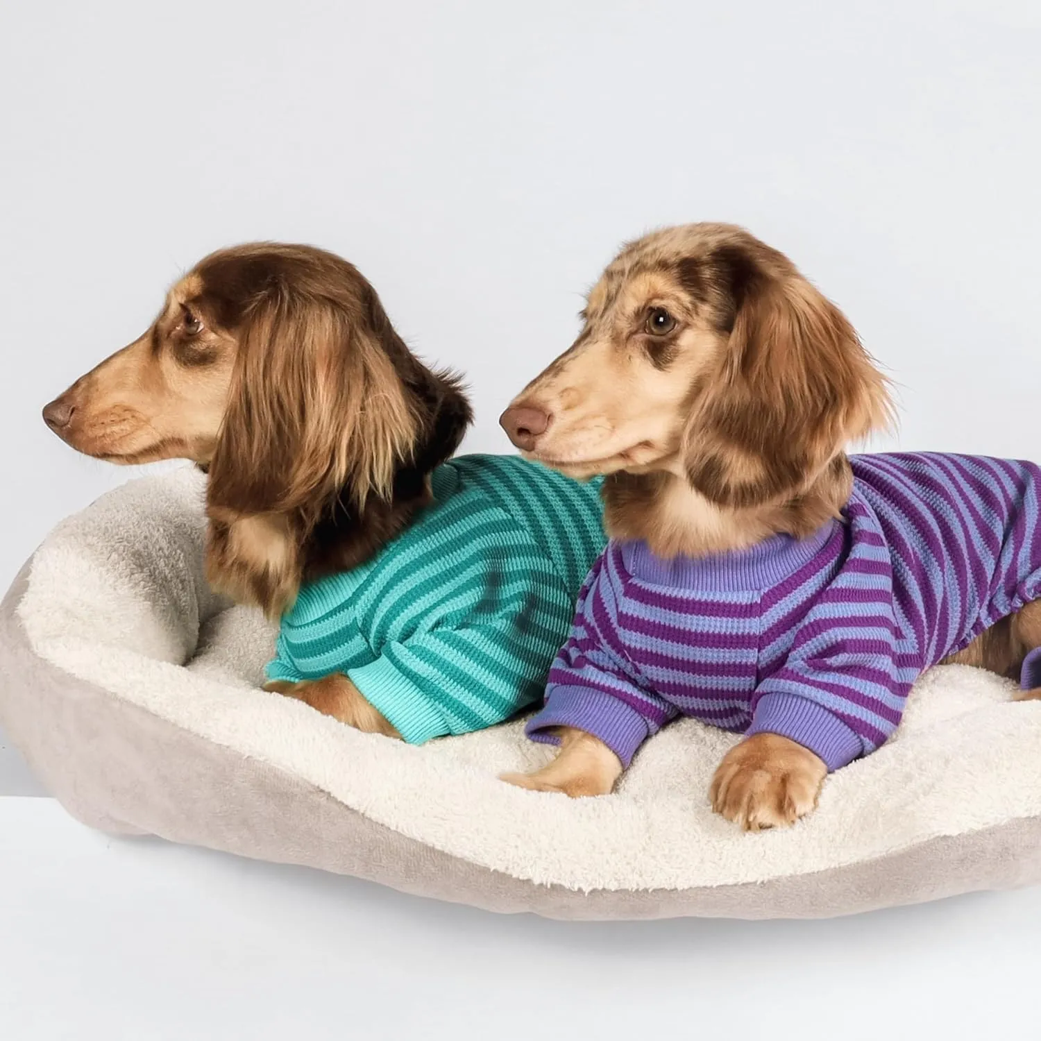 Fitwarm Green and Teal Striped Dog Pajamas, Waffle Dog Clothes for Small Dogs Girl Boy, Puppy Onesie with Feet, Pet Cat Outfit, Medium