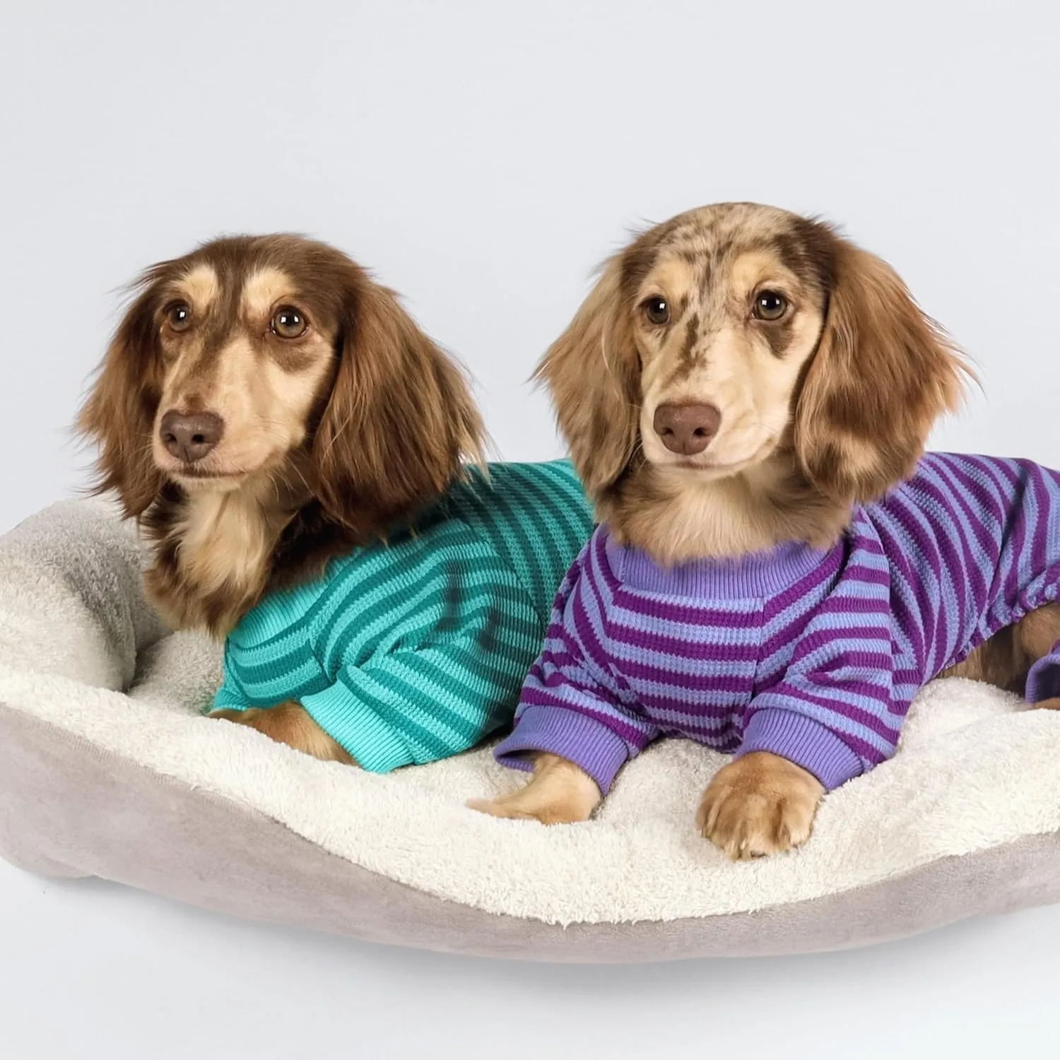 Fitwarm Green and Teal Striped Dog Pajamas, Waffle Dog Clothes for Small Dogs Girl Boy, Puppy Onesie with Feet, Pet Cat Outfit, Medium