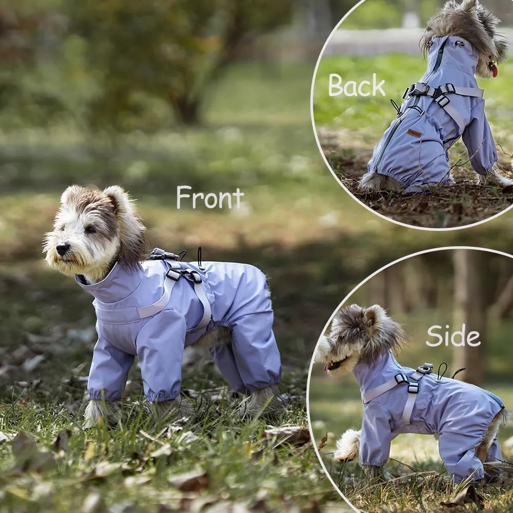 Four Legged Dog Raincoat for Small Medium Dogs, Four Legs Waterproof Dog Rain Coat with Harness Built in, Puppy Rain Jacket with Back Zipper for Easy Dressing (Purple, 2XL)