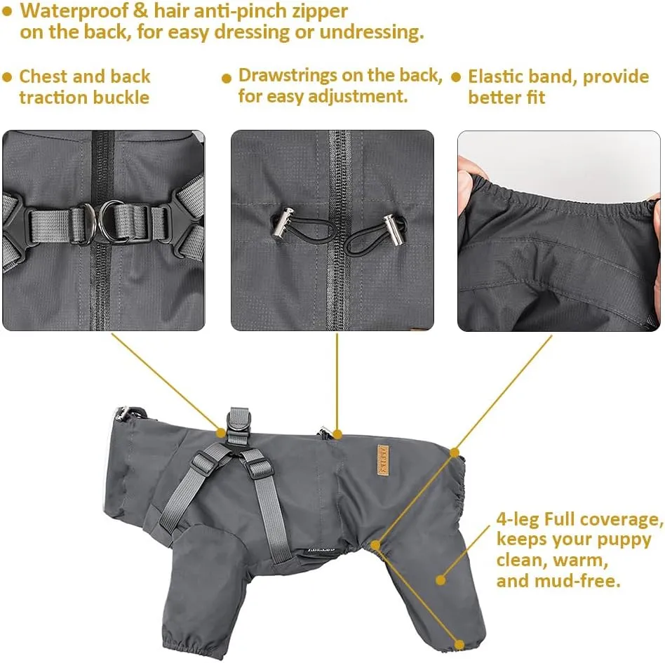 Four-Legged Full Coverage Dog Raincoat for Small Medium Dogs, Waterproof Dog Rain Coat with Harness Built in, 4-Legs Dog rain Jacket with Reflective Strip, Adjustable Puppy Waterproof Clothes (2XL)