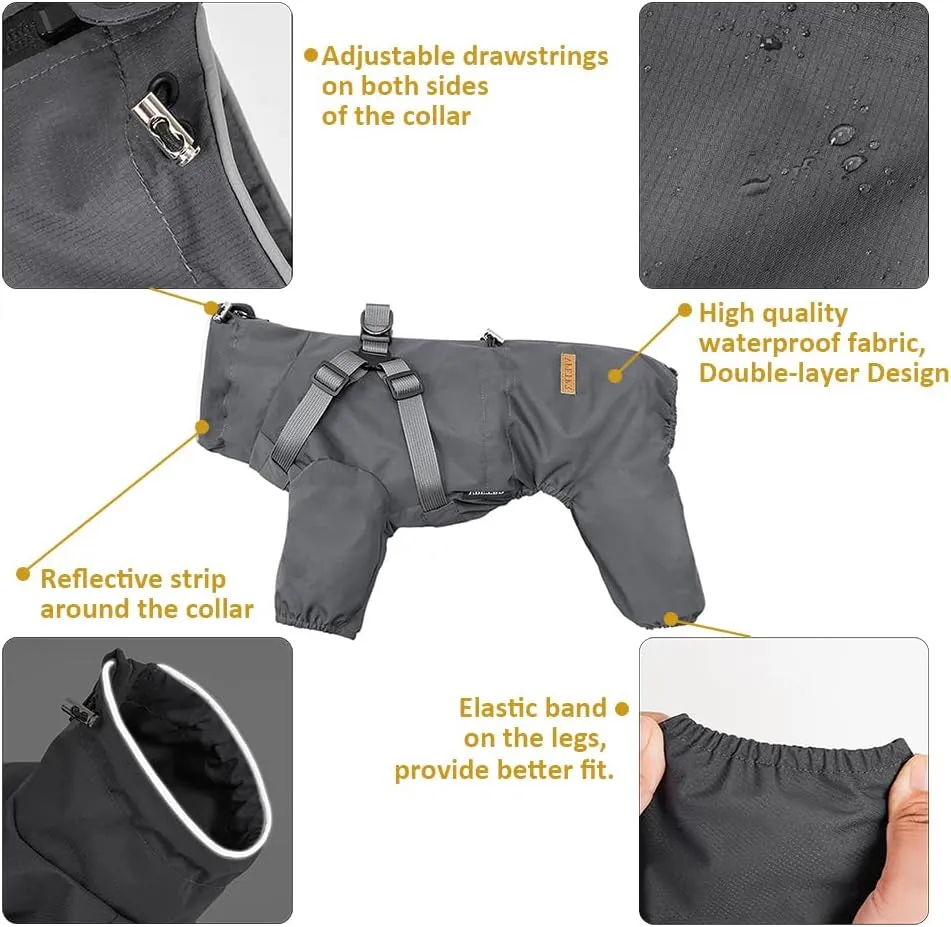 Four-Legged Full Coverage Dog Raincoat for Small Medium Dogs, Waterproof Dog Rain Coat with Harness Built in, 4-Legs Dog rain Jacket with Reflective Strip, Adjustable Puppy Waterproof Clothes (2XL)