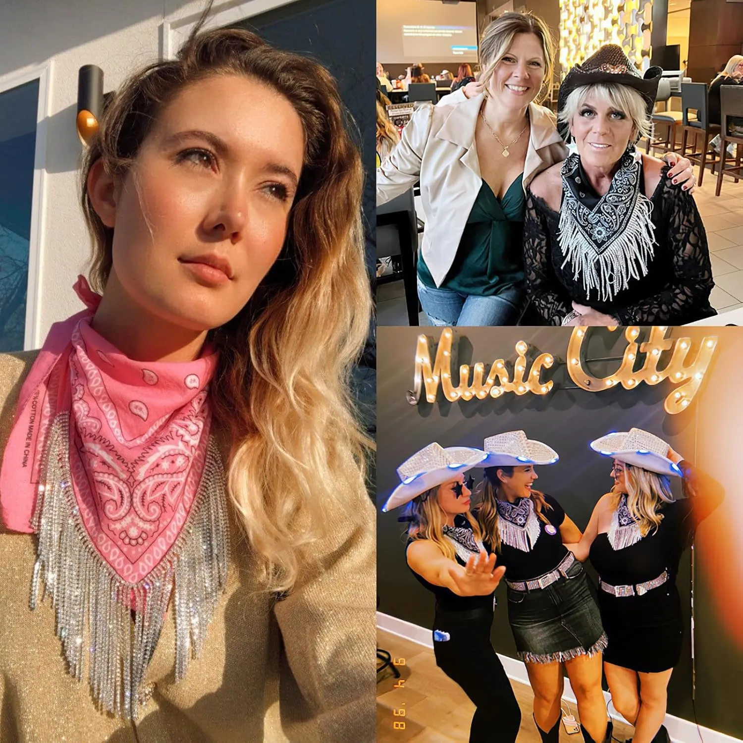 Fringe Rhinestone Bandana Disco Cowgirl Bachelorette Sparkly Bandanas for Women Men Halloween, with Heart Sunglasses
