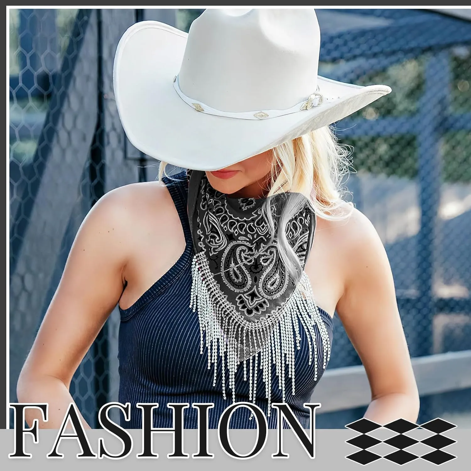 Fringe Rhinestone Bandana Disco Cowgirl Bachelorette Sparkly Bandanas for Women Men Halloween, with Heart Sunglasses