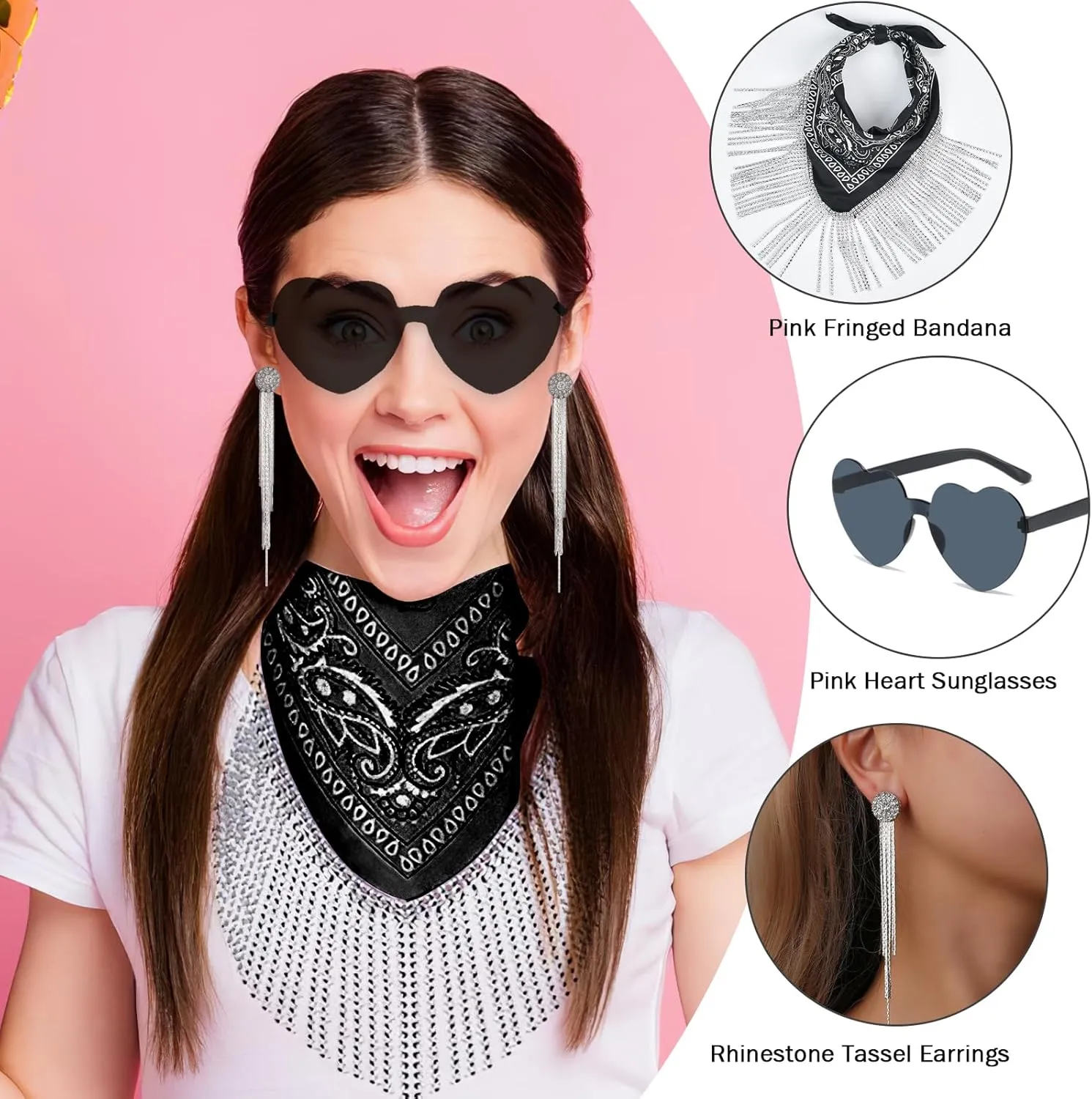 Fringe Rhinestone Bandana Disco Cowgirl Bachelorette Sparkly Bandanas for Women Men Halloween, with Heart Sunglasses