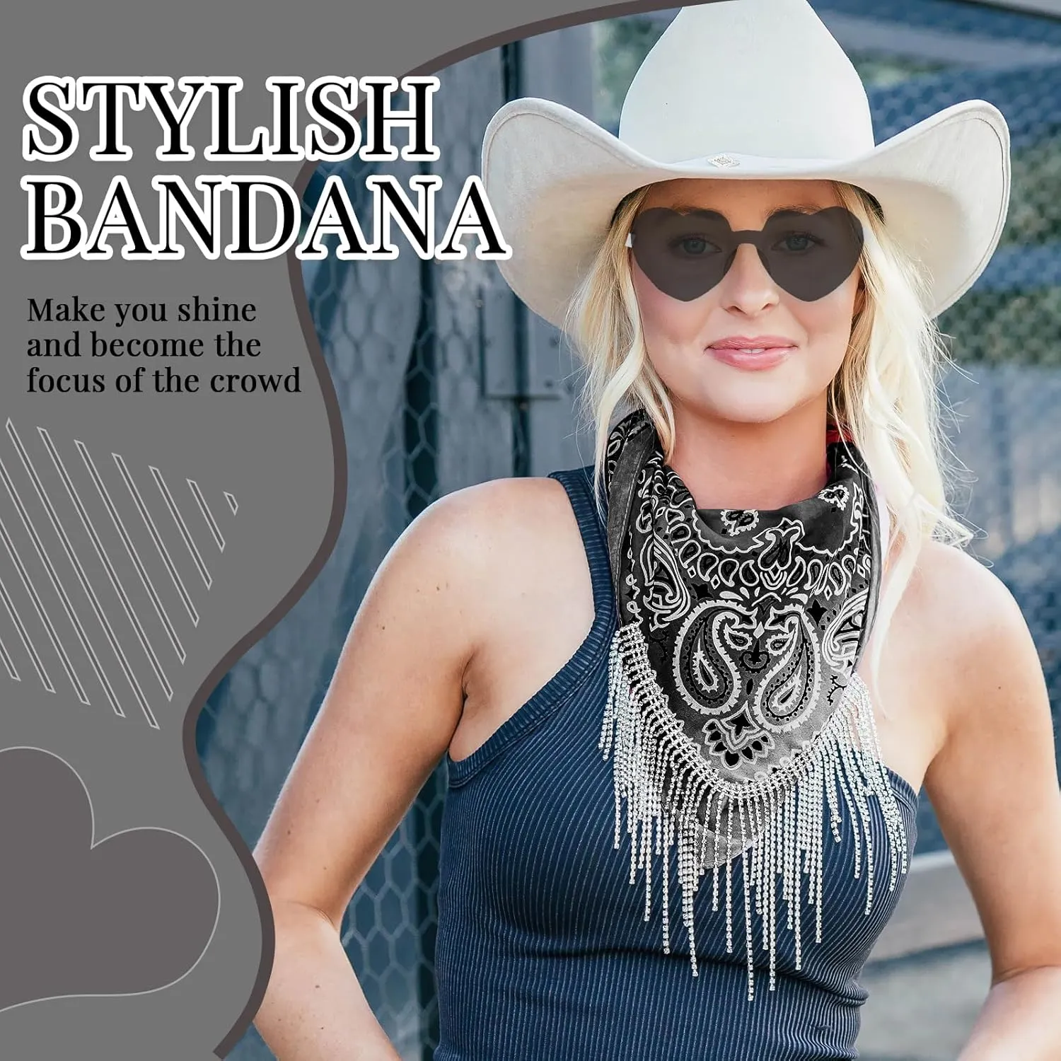 Fringe Rhinestone Bandana Disco Cowgirl Bachelorette Sparkly Bandanas for Women Men Halloween, with Heart Sunglasses