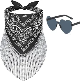 Fringe Rhinestone Bandana Disco Cowgirl Bachelorette Sparkly Bandanas for Women Men Halloween, with Heart Sunglasses