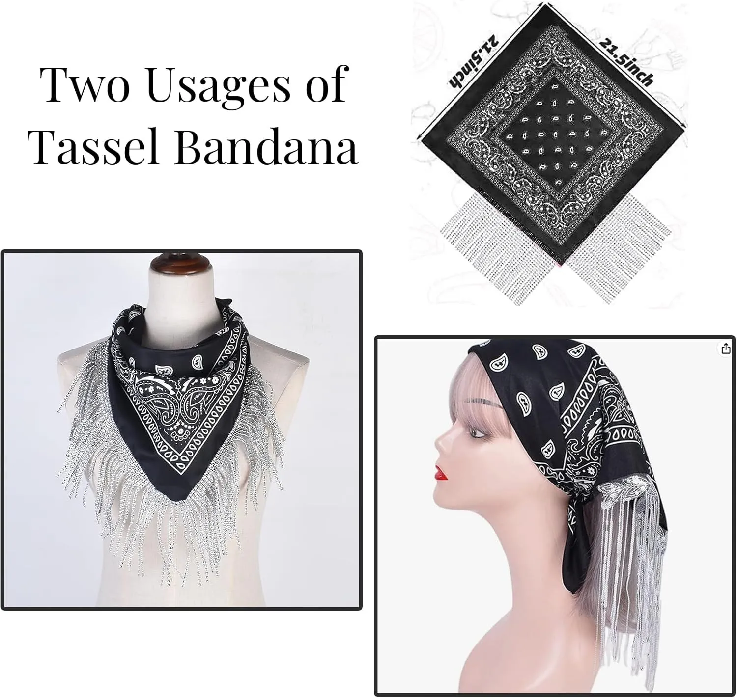 Fringe Rhinestone Bandana Disco Cowgirl Bachelorette Sparkly Bandanas for Women Men Halloween, with Heart Sunglasses