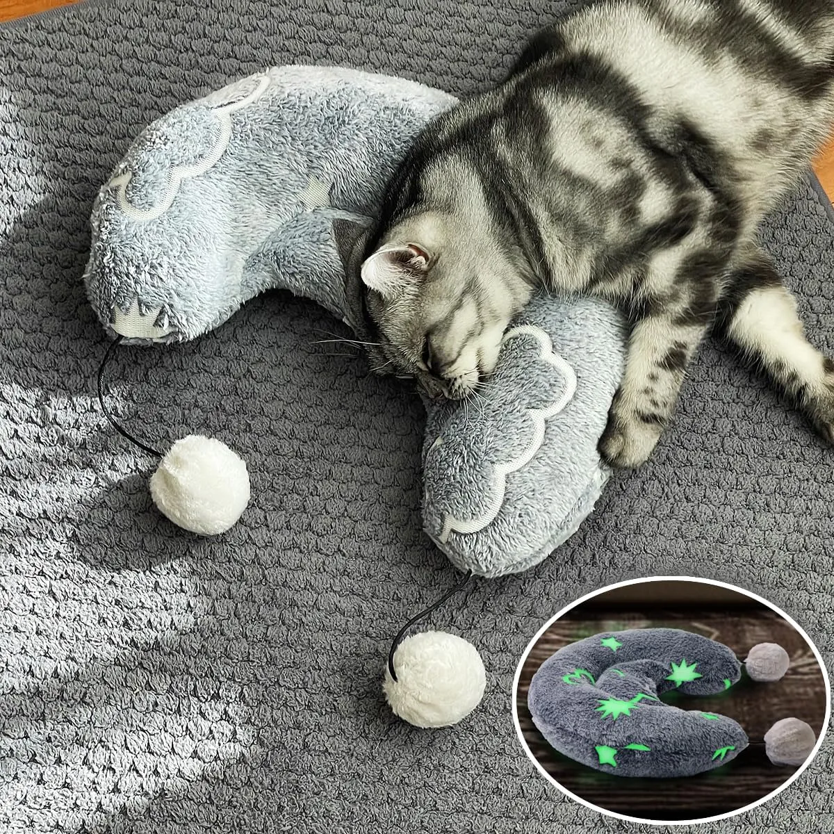 Happi N Pets Large Cat Pillow for Indoor Cats, Fluffy & Cozy Cat Calming Pillow with Two Toy Balls, Luminous Cat Neck Pillow, Half Donut for Joint Relief Sleeping Improvement, Machine Washable-Blue