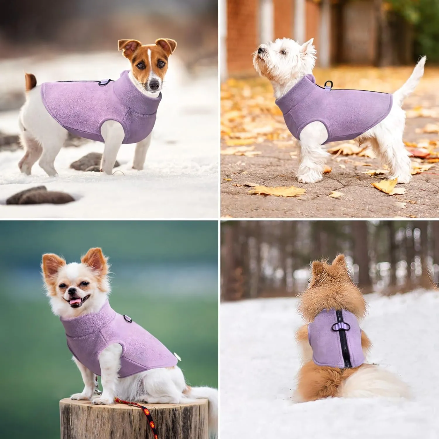 Idepet Dog Fleece Vest Sweater Zip Up Warm Pullover Dogs Jacket with D-Ring Leash Winter Cold Weater Coat Pet Sweatershirt Clothes Hoodie for Small Medium Dogs Boy Girl (Purple, L)