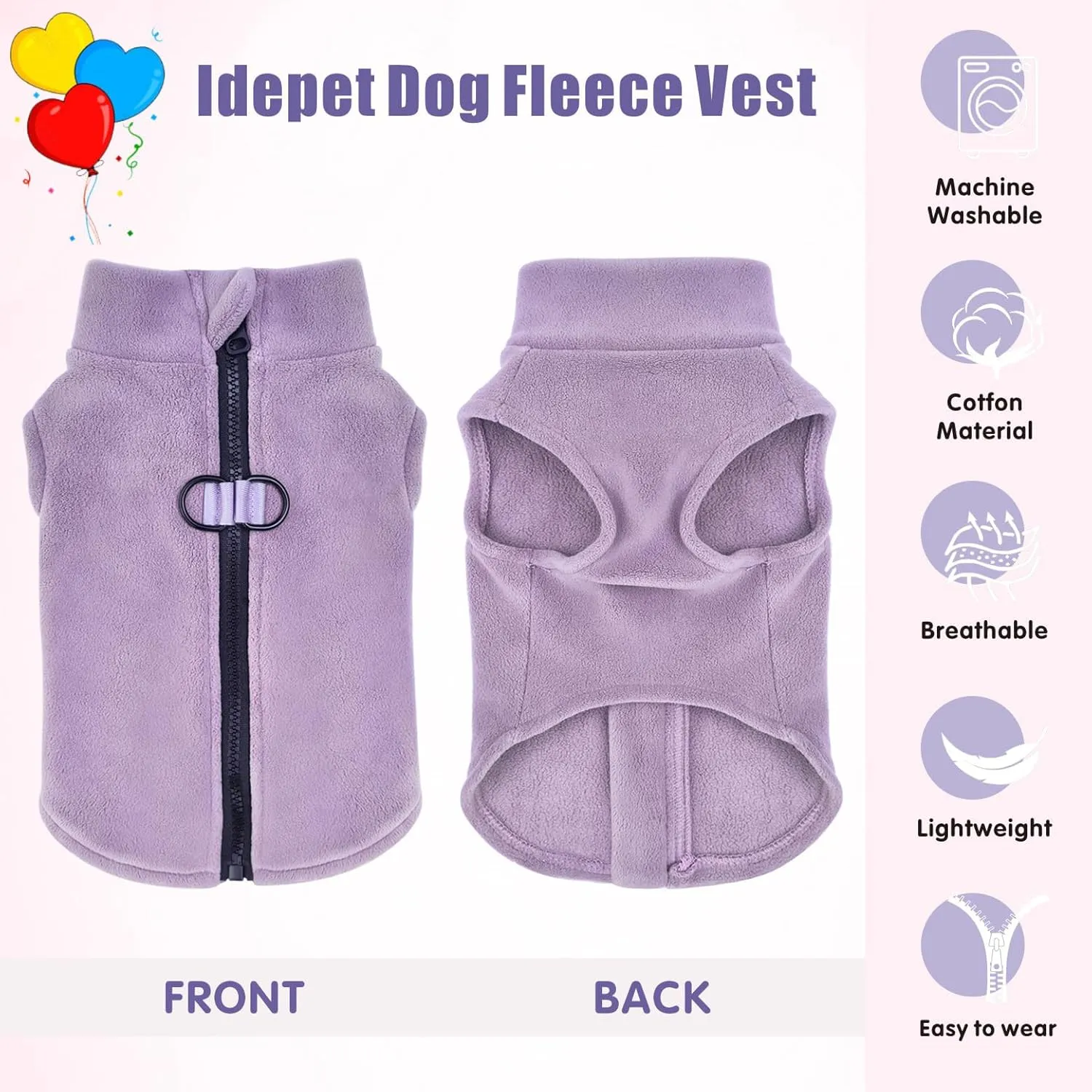 Idepet Dog Fleece Vest Sweater Zip Up Warm Pullover Dogs Jacket with D-Ring Leash Winter Cold Weater Coat Pet Sweatershirt Clothes Hoodie for Small Medium Dogs Boy Girl (Purple, L)