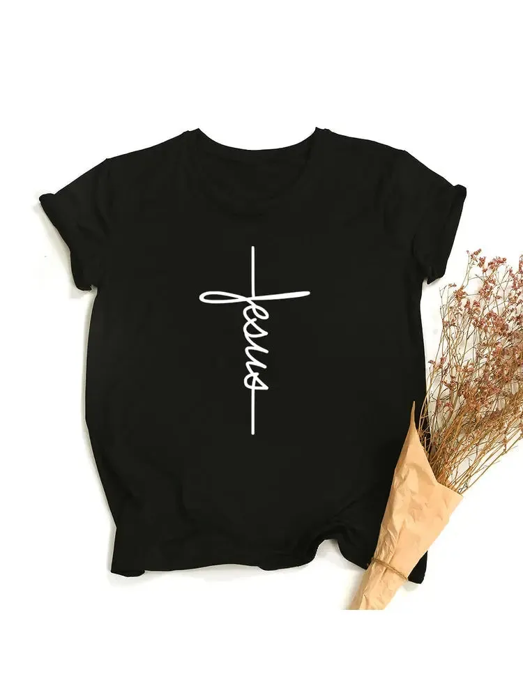 Jesus Cross Print Women T-shirt Christian Tops Harajuku Faith Love Hope Graphic Tees Female T Shirts Casual Tees Camisetas Mujer