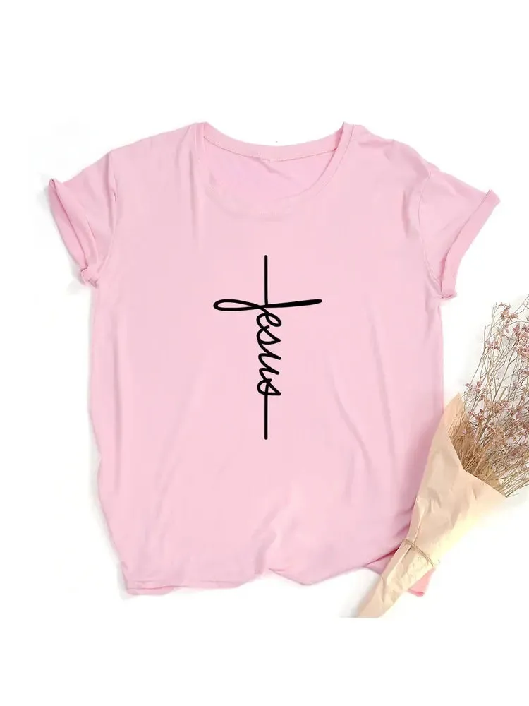 Jesus Cross Print Women T-shirt Christian Tops Harajuku Faith Love Hope Graphic Tees Female T Shirts Casual Tees Camisetas Mujer
