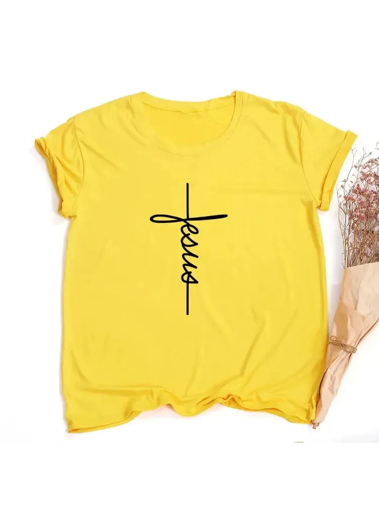 Jesus Cross Print Women T-shirt Christian Tops Harajuku Faith Love Hope Graphic Tees Female T Shirts Casual Tees Camisetas Mujer