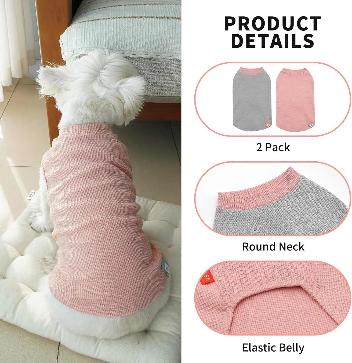 KYEESE 2Pack Dog Shirts Waffle for Small Dogs Stretchy T-Shirts Lightweight Tank Top Sleeveless Dog Vest Breathable Cat Shirt, Medium, Pink Grey