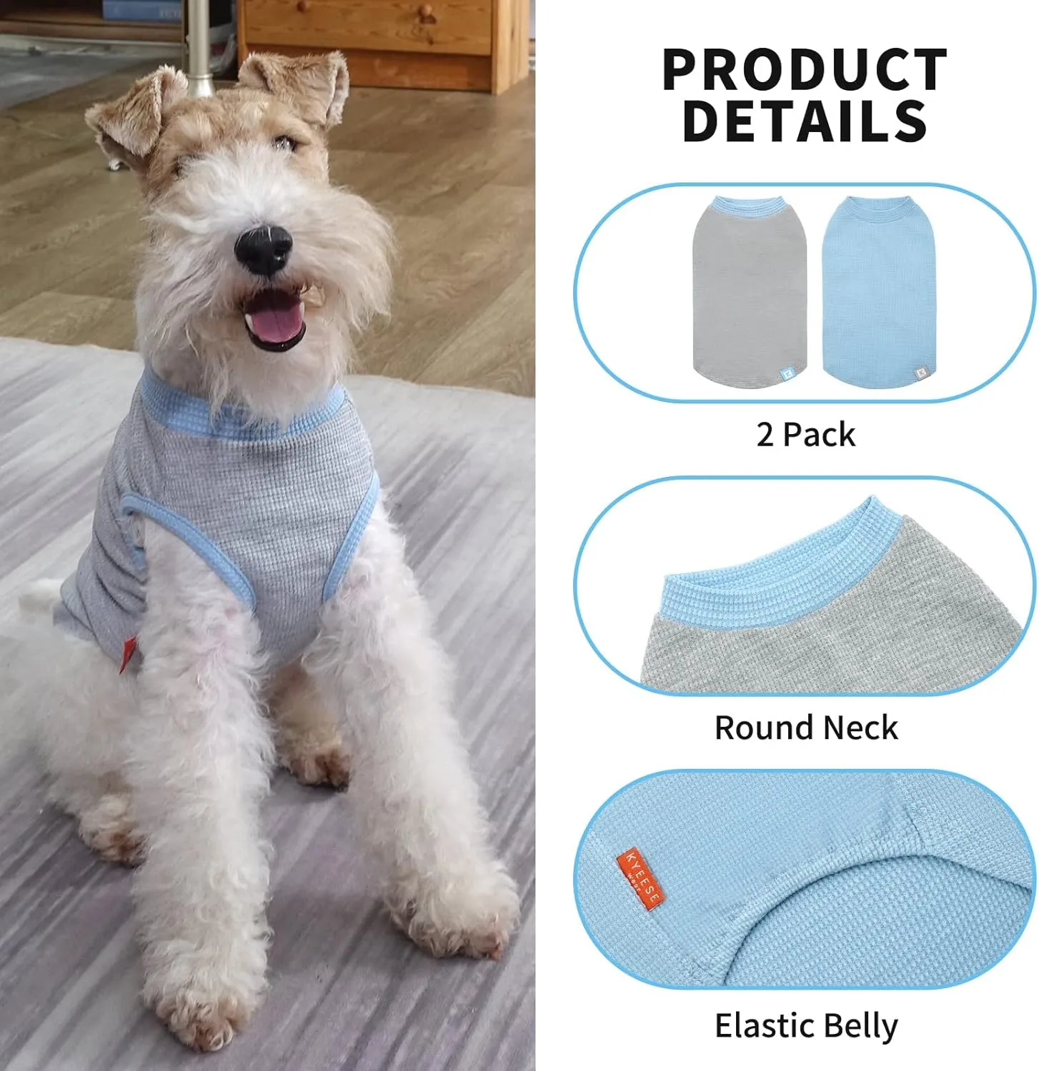 KYEESE 2Pack Dog Shirts Waffle for Small Dogs Stretchy T-Shirts Lightweight Tank Top Sleeveless Vest Breathable Cat Tee, Medium, Blue Grey