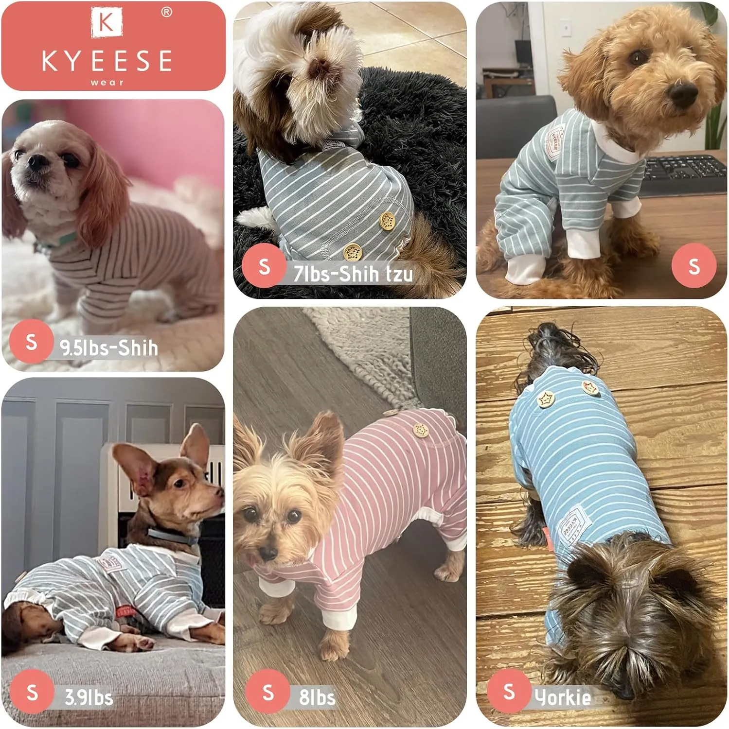 KYEESE Dog Pajamas Stretchable Dog Jumpsuit 4 Legs Strip PJS Pet Puppy Cat Pajamas Lightweight