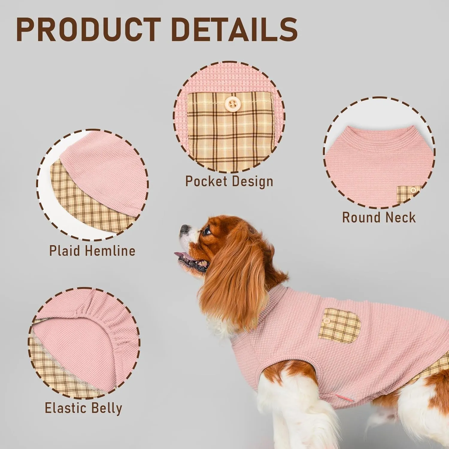 KYEESE Waffle Dog Shirts for Small Dogs Soft Stretchy T-Shirts Lightweight Puppy Tank Top Sleeveless Pet Vest with Cute Pocket and Plaid Patchwork for Daily Wear, Large