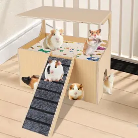 Large Guinea Pig Hideout, 2-Tier Sturdy Wooden Hamster House Castle, Small Animal Bed with Stairs,for Small Animal Hideout for Chinchillas Bunny Guinea Pig Hedgehog Playing Hiding