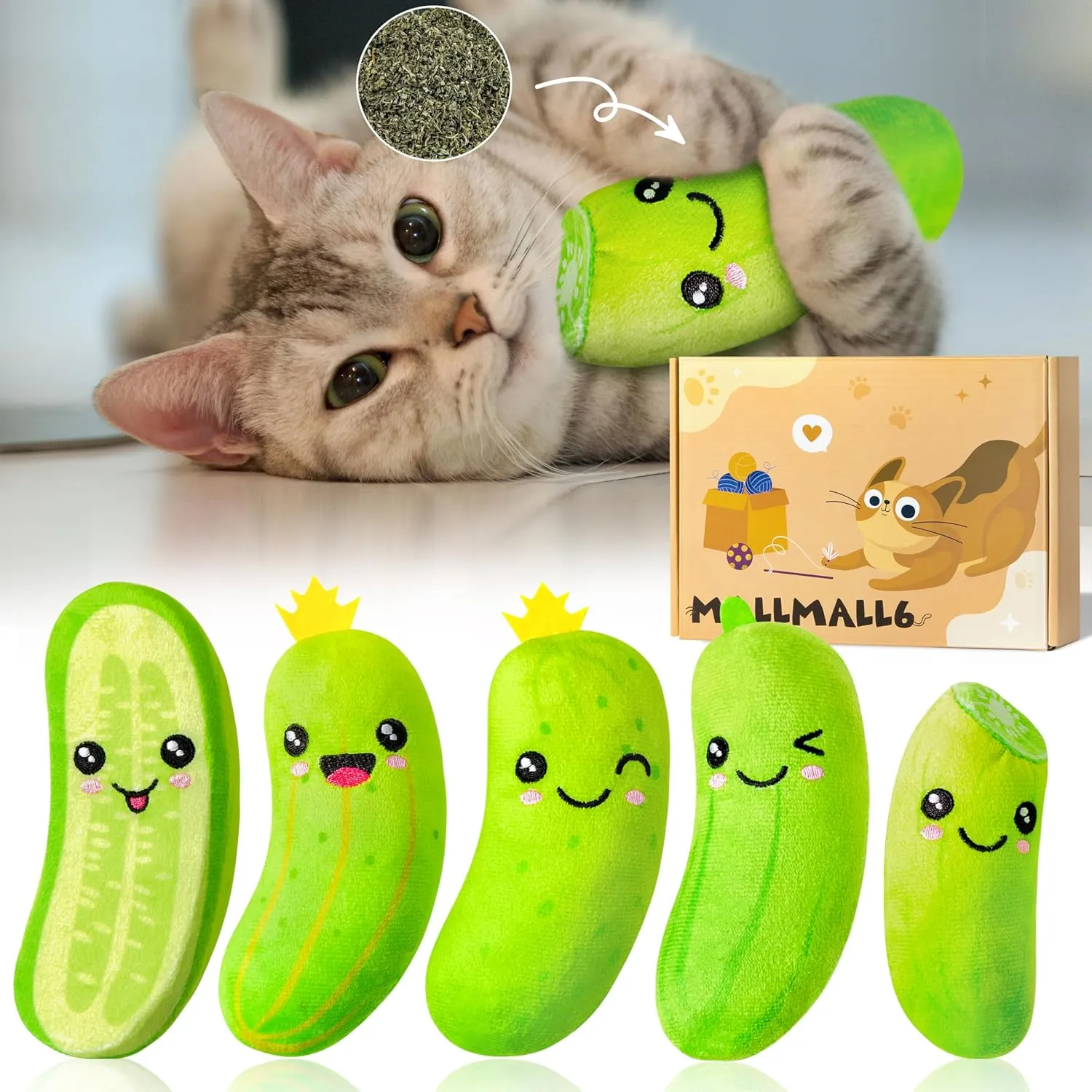 MALLMALL6 5Pcs Pickle Cat Toys, Kitten Catnip Toys for Cat Lover Gifts, Indoor Kitten Chew Bite Kick Cucumber Catmint Supplies, Interactive Pet Set with Cute Expression for Pet Presents