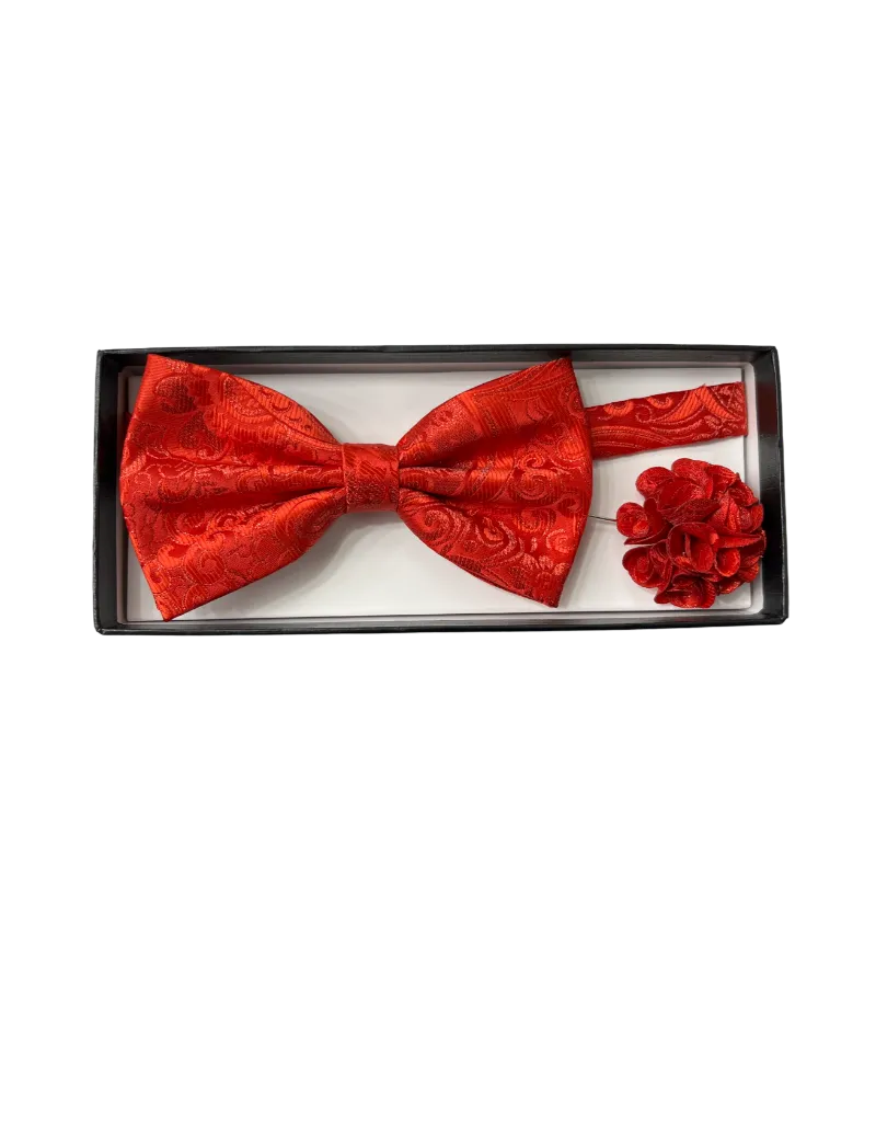 Men's Red Paisley Fashion Bowties Set Hanky and Flowers
