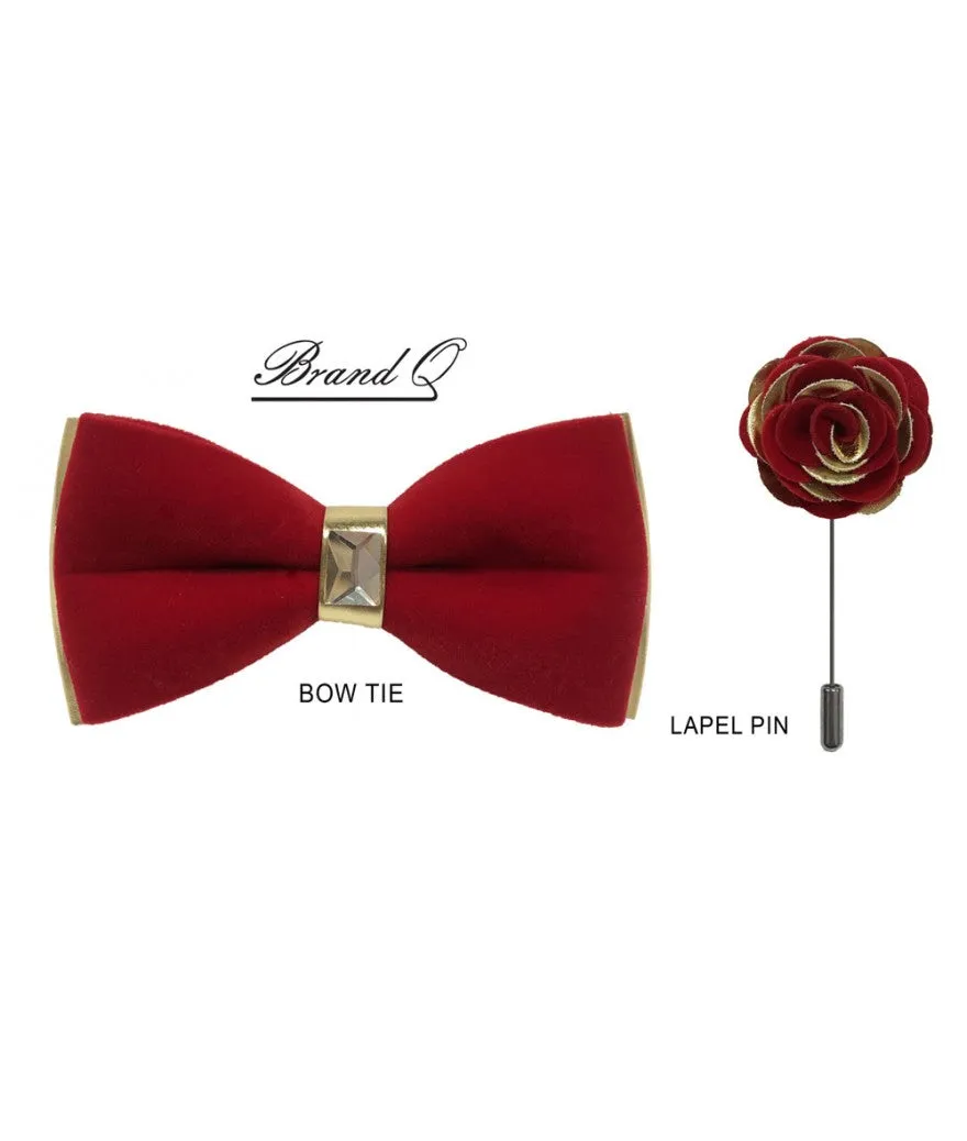 Men's Red Velvet and Gold Leather Fashion Bowties Hanky and Flowers