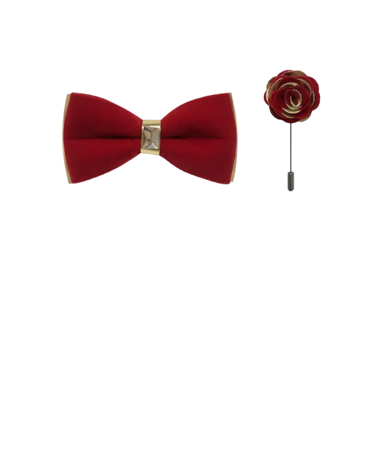 Men's Red Velvet and Gold Leather Fashion Bowties Hanky and Flowers