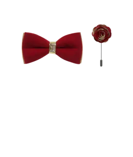 Men's Red Velvet and Gold Leather Fashion Bowties Hanky and Flowers