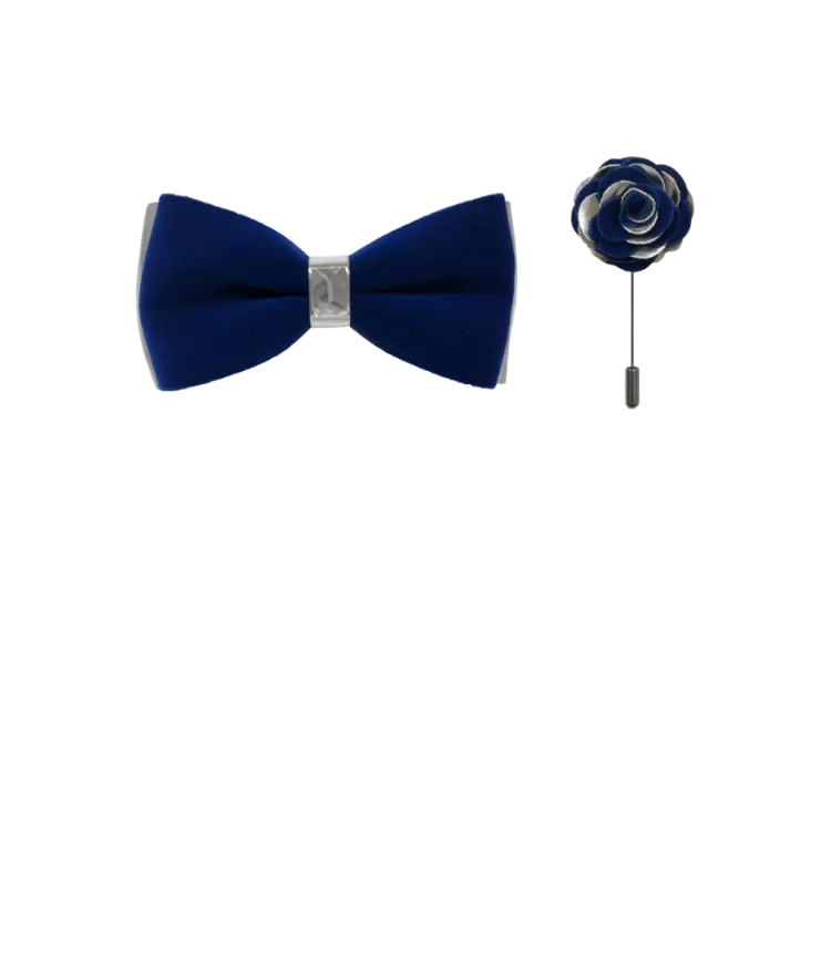 Men's Royal Blue Velvet and Silver Leather Bowties Hanky and Flowers