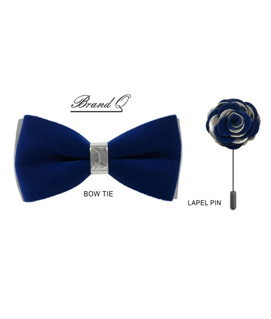 Men's Royal Blue Velvet and Silver Leather Bowties Hanky and Flowers