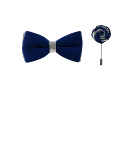Men's Royal Blue Velvet and Silver Leather Bowties Hanky and Flowers