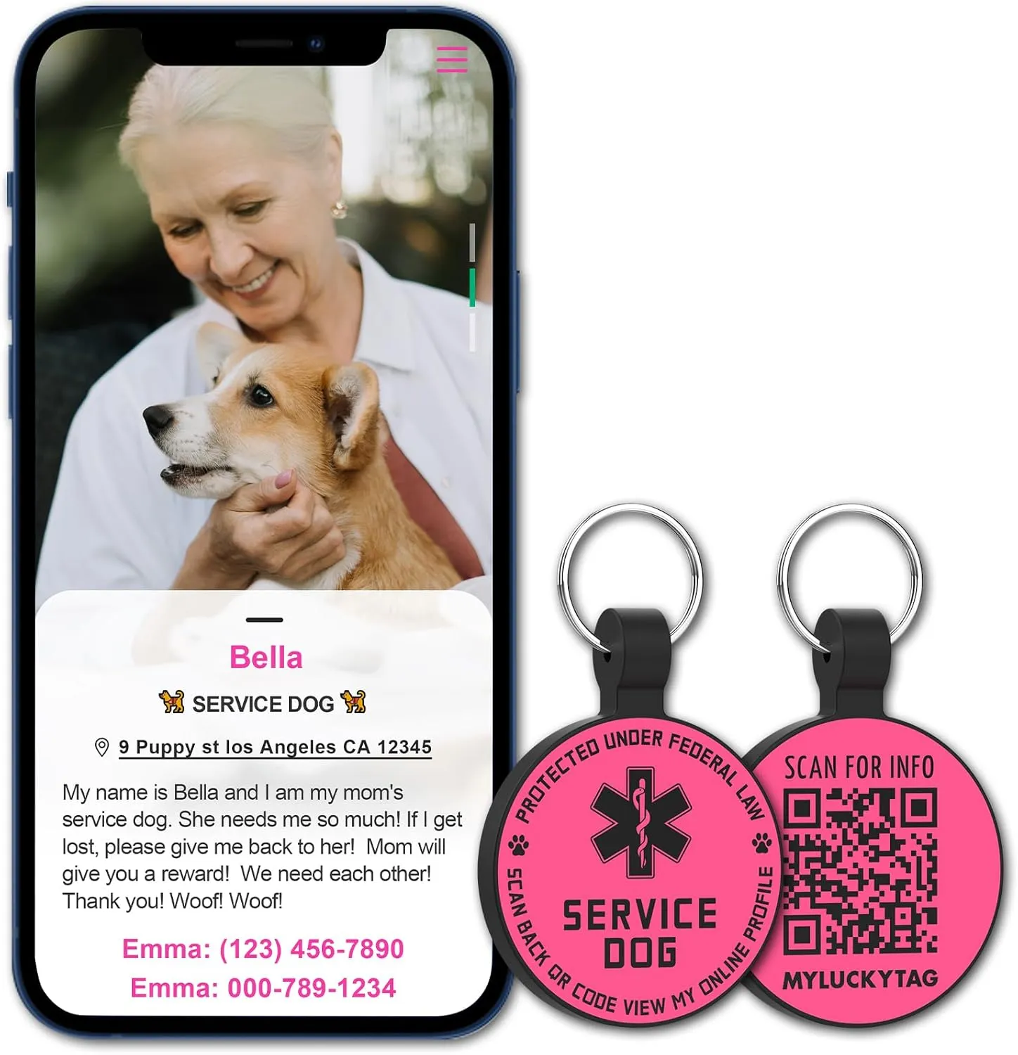 MYLUCKYTAG QR Code Service Dog Tag - Pet Online Profile - Scan QR Receive Instant Pet Location Alert Email