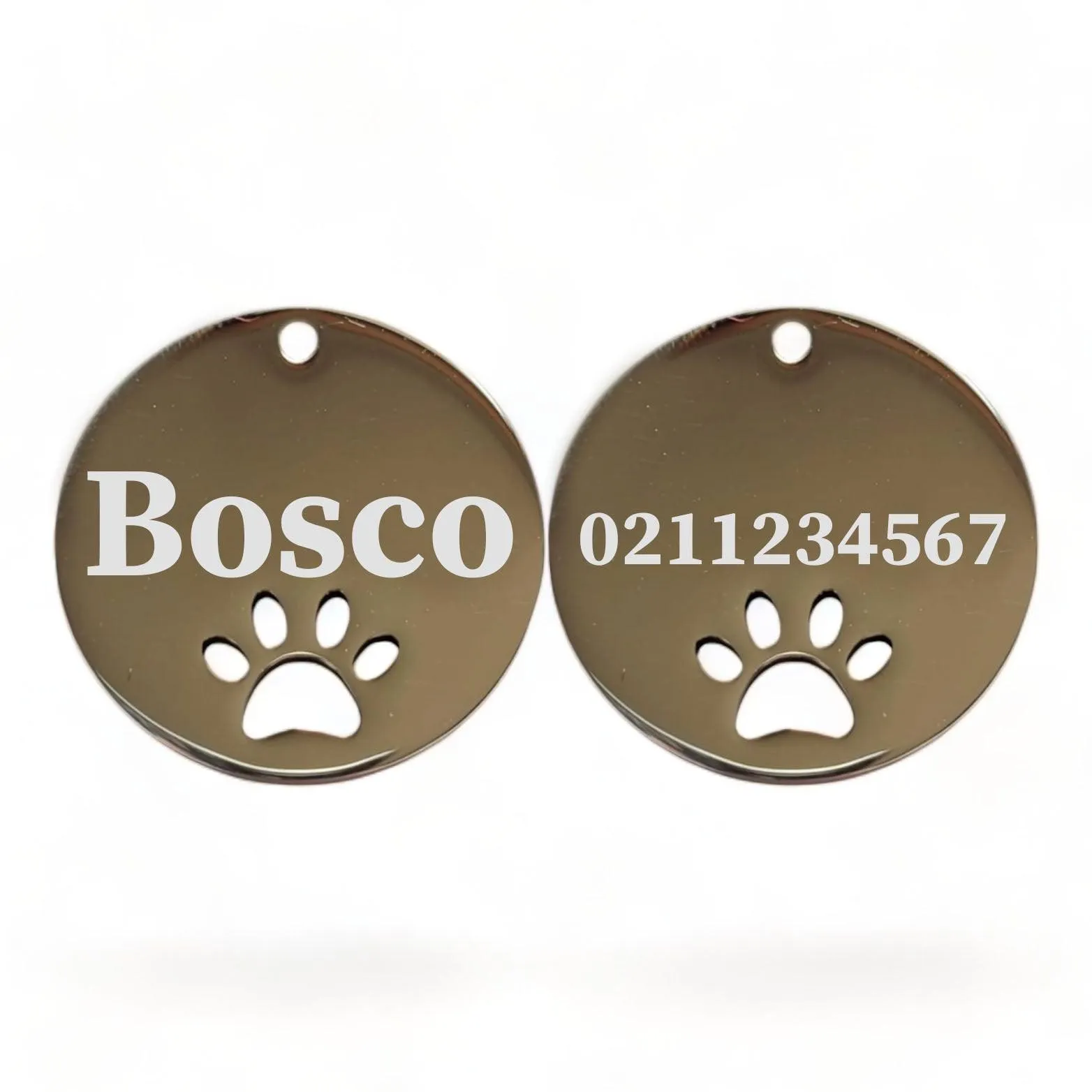 Name Front & Number Back Round Paw Print | Mirror Stainless | Cat & Dog ID Pet Tag