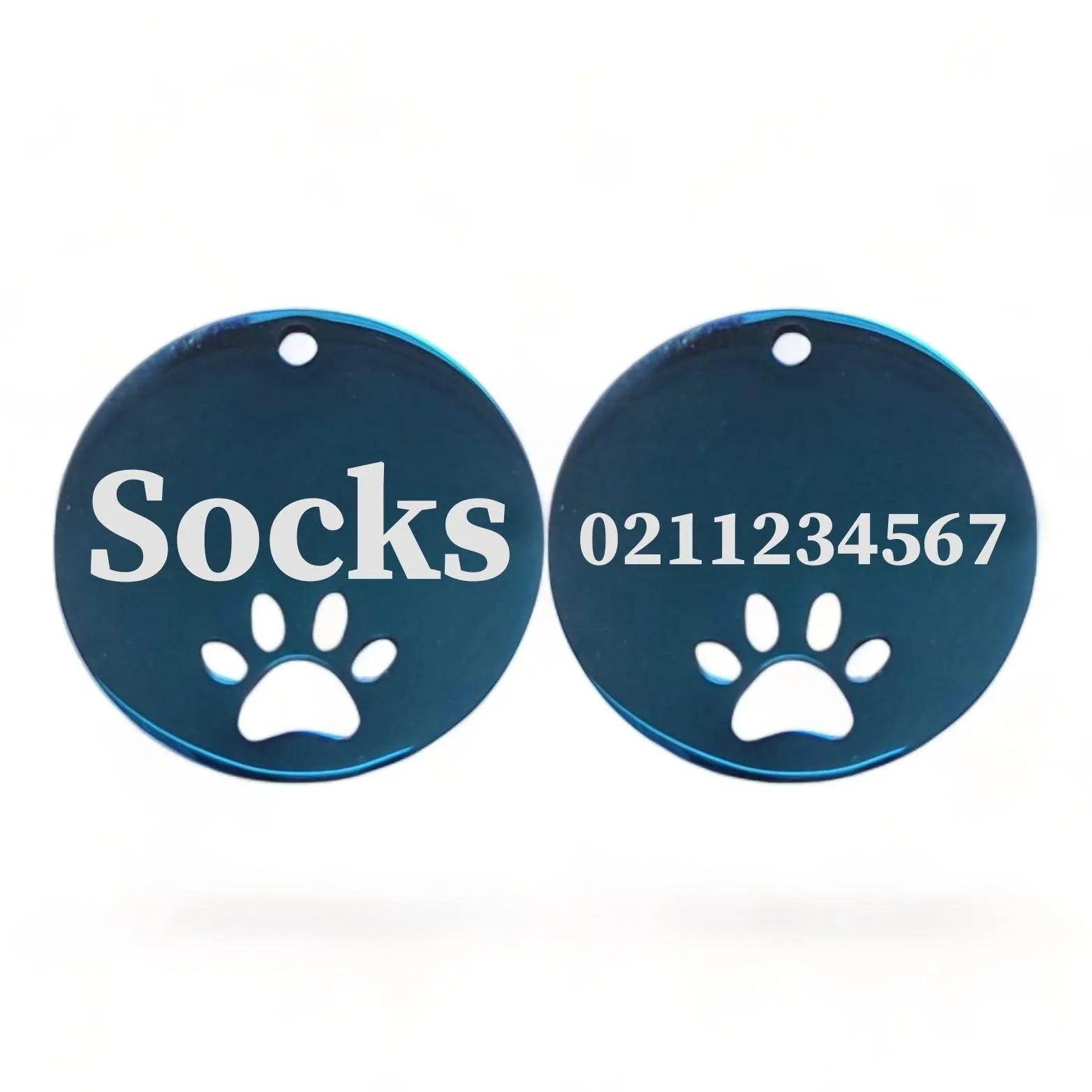 Name Front & Number Back Round Paw Print | Mirror Stainless | Cat & Dog ID Pet Tag