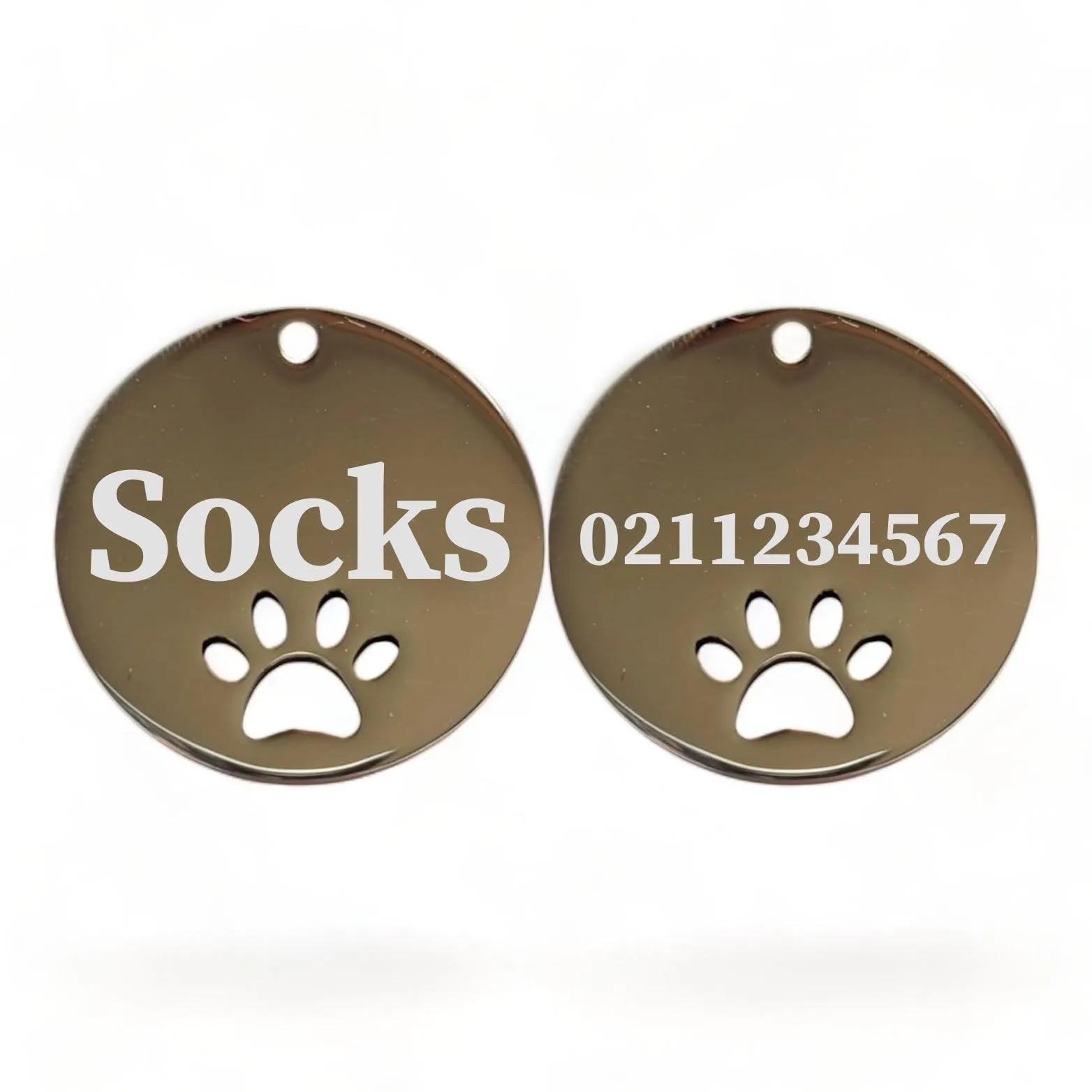 Name Front & Number Back Round Paw Print | Mirror Stainless | Cat & Dog ID Pet Tag