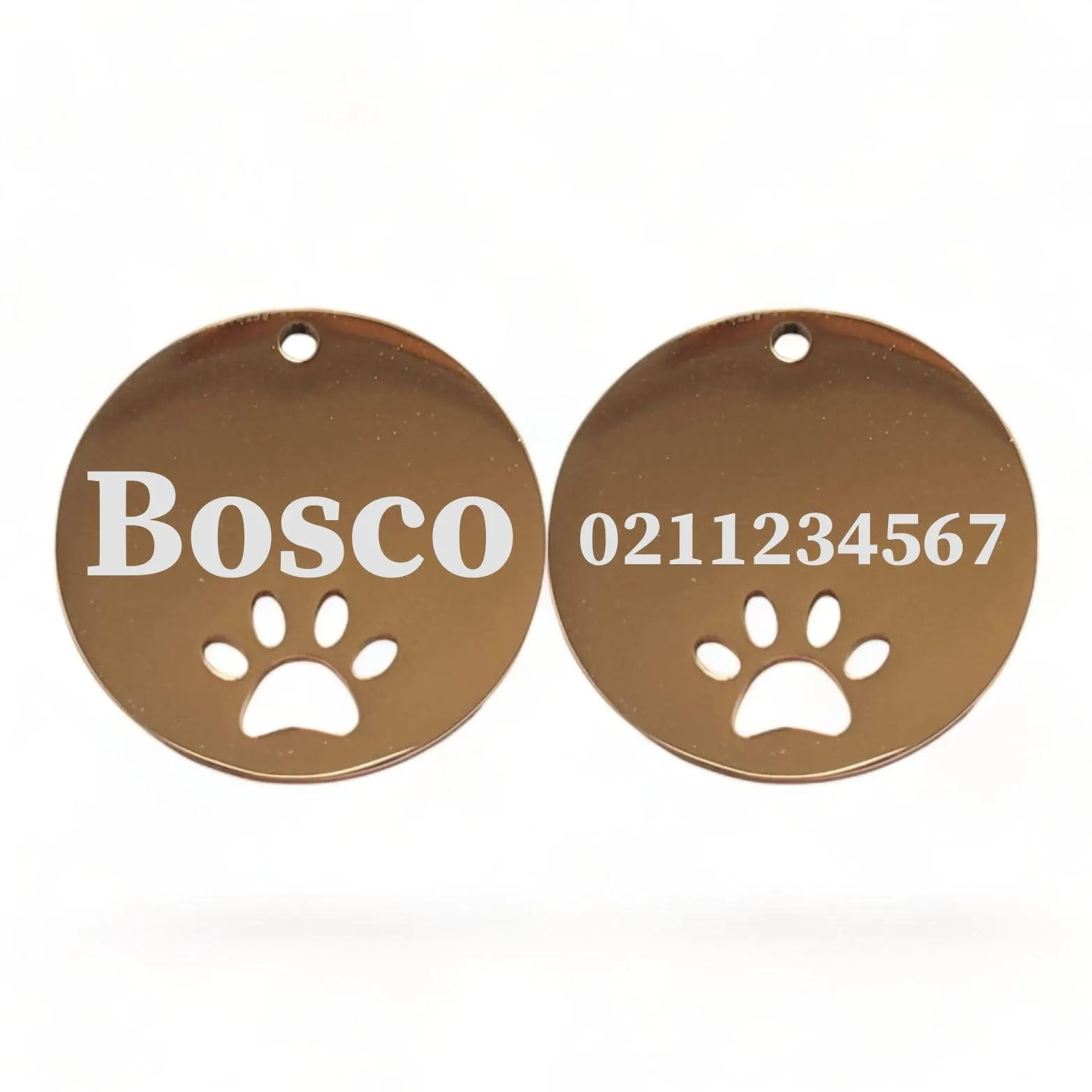 Name Front & Number Back Round Paw Print | Mirror Stainless | Cat & Dog ID Pet Tag