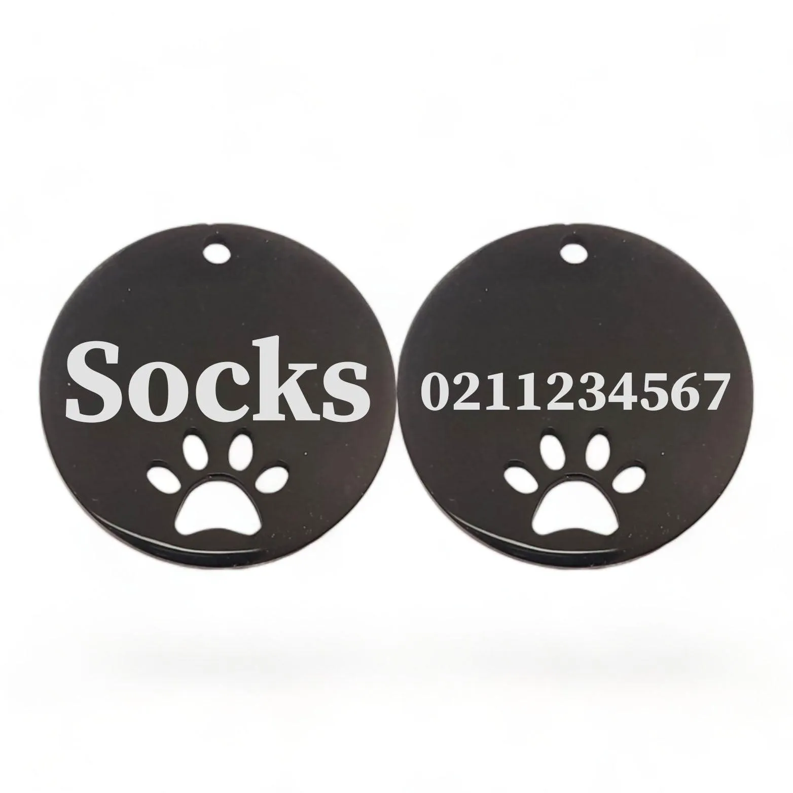 Name Front & Number Back Round Paw Print | Mirror Stainless | Cat & Dog ID Pet Tag