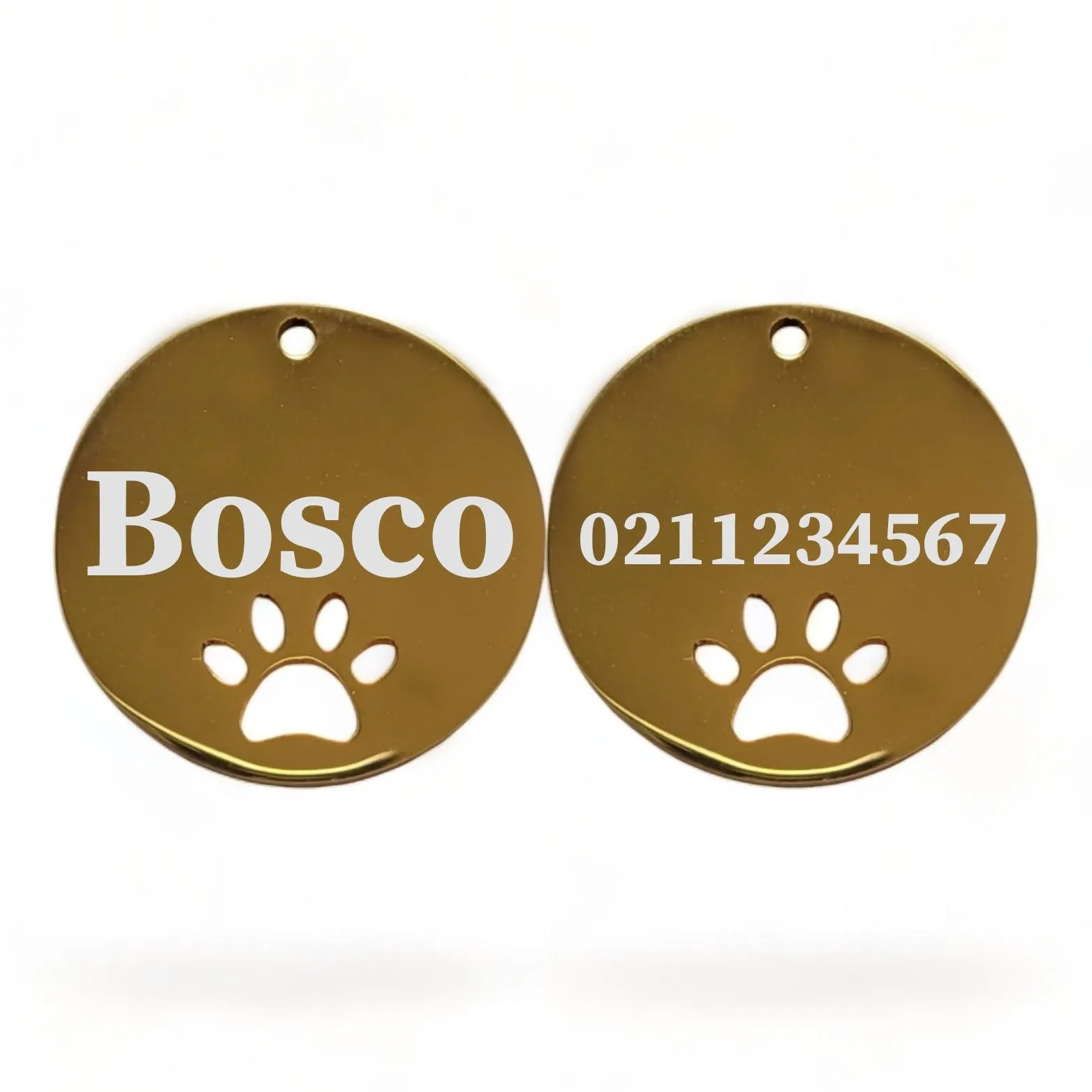 Name Front & Number Back Round Paw Print | Mirror Stainless | Cat & Dog ID Pet Tag