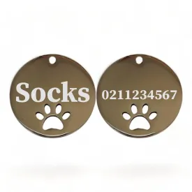 Name Front & Number Back Round Paw Print | Mirror Stainless | Cat & Dog ID Pet Tag