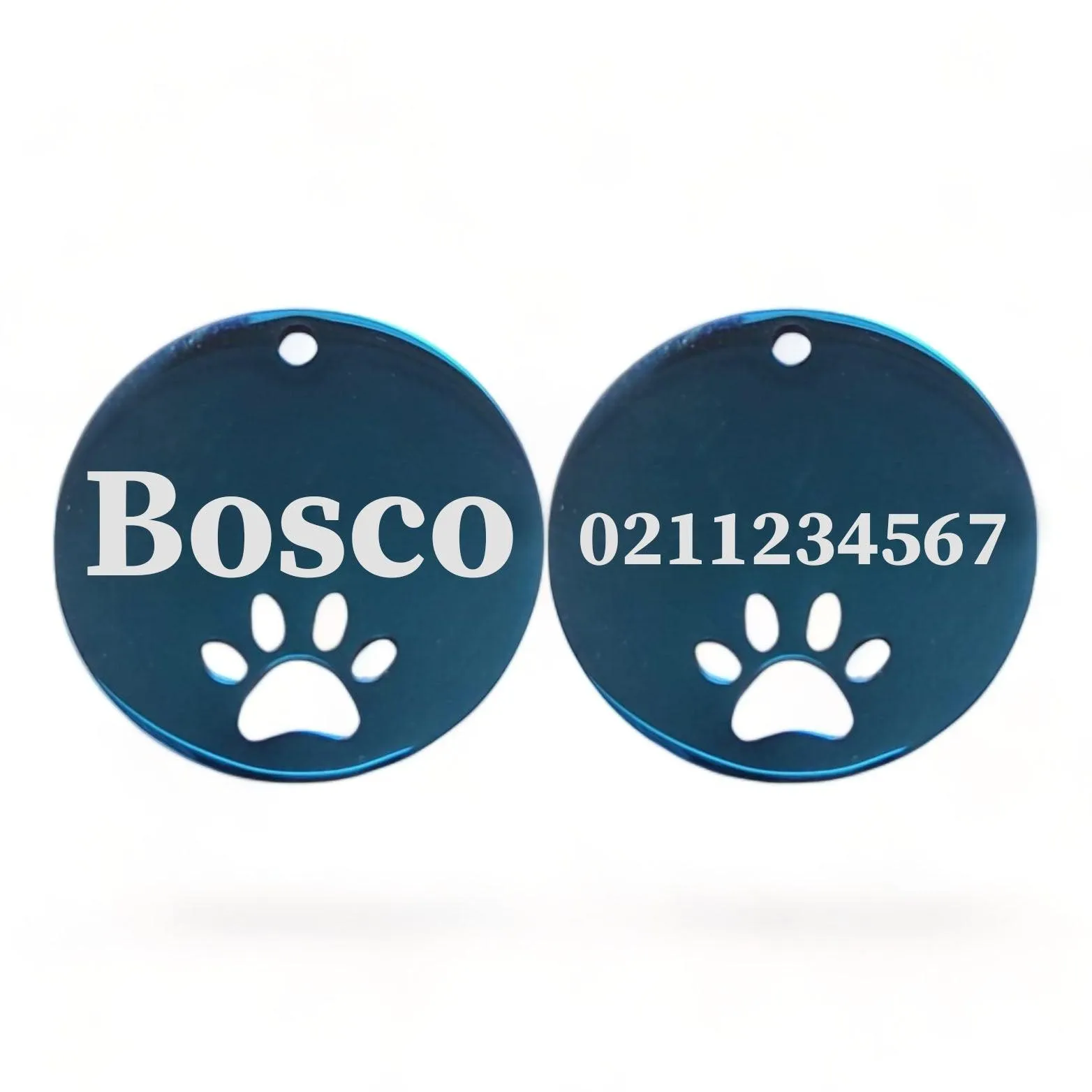 Name Front & Number Back Round Paw Print | Mirror Stainless | Cat & Dog ID Pet Tag