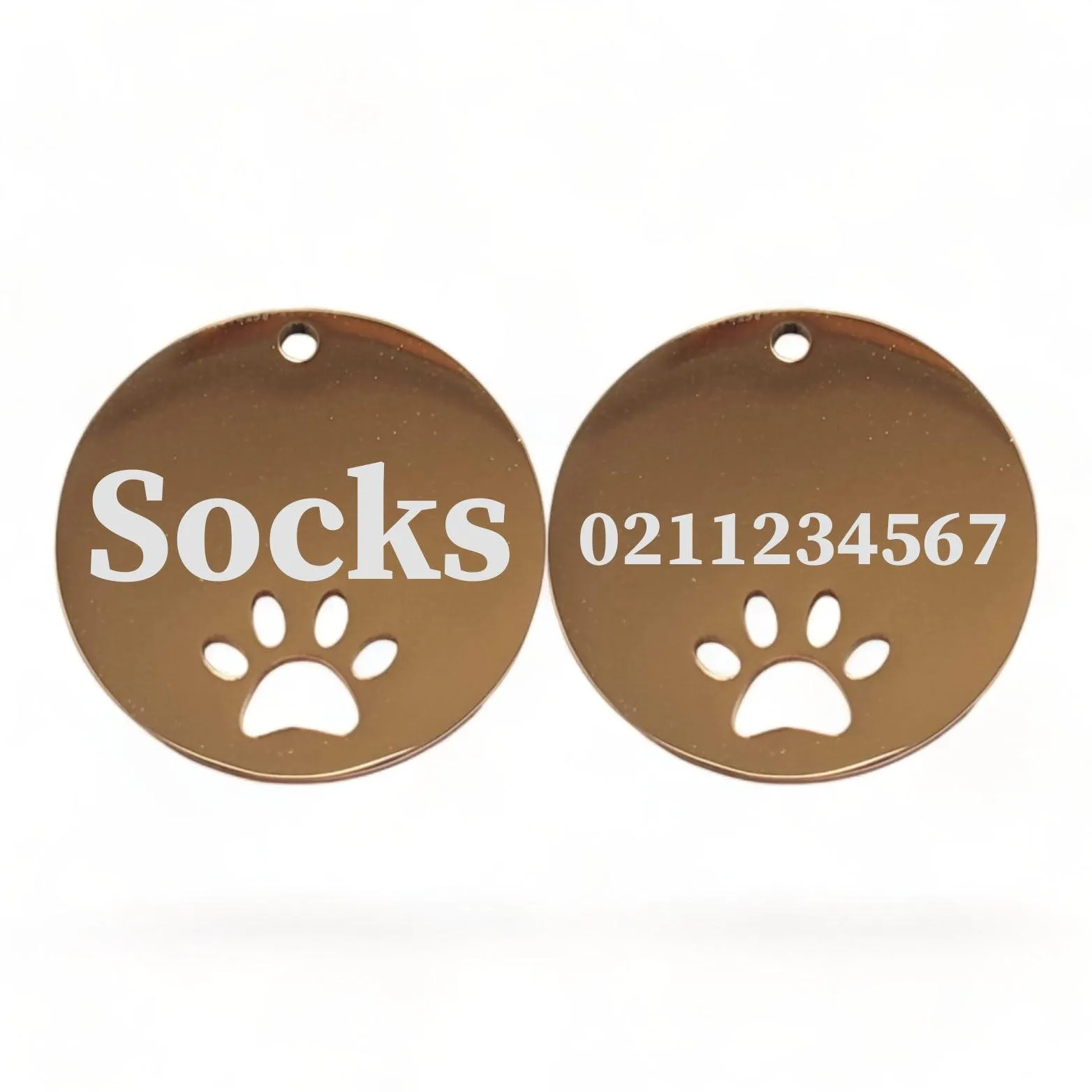 Name Front & Number Back Round Paw Print | Mirror Stainless | Cat & Dog ID Pet Tag