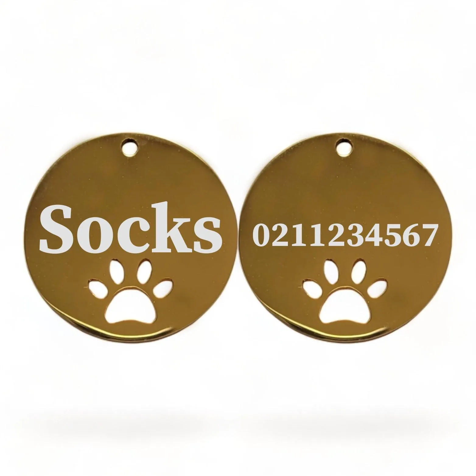Name Front & Number Back Round Paw Print | Mirror Stainless | Cat & Dog ID Pet Tag
