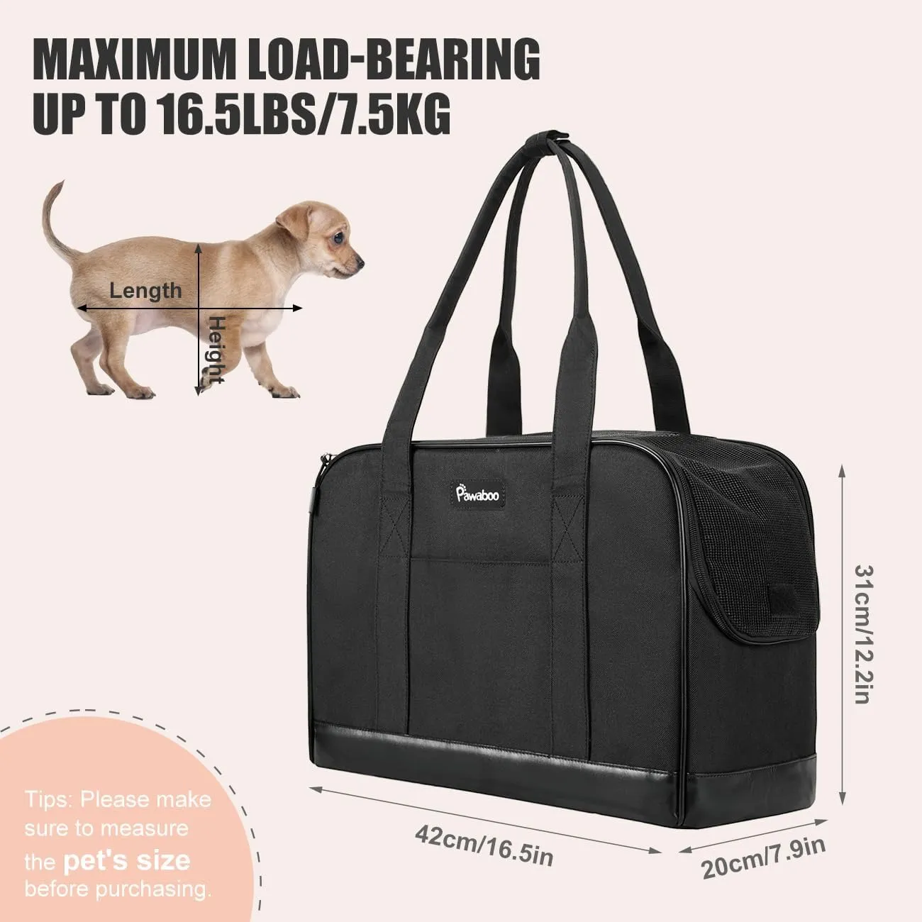 Pawaboo Dog Purse Carrier, Pet Carrier Tote with Pockets, Breathable Soft-Sided Pet Bag with Adjustable Safety Tether Strap for Shopping Travel, Pet Carrier Purse for Small Medium Dog Cat, Black