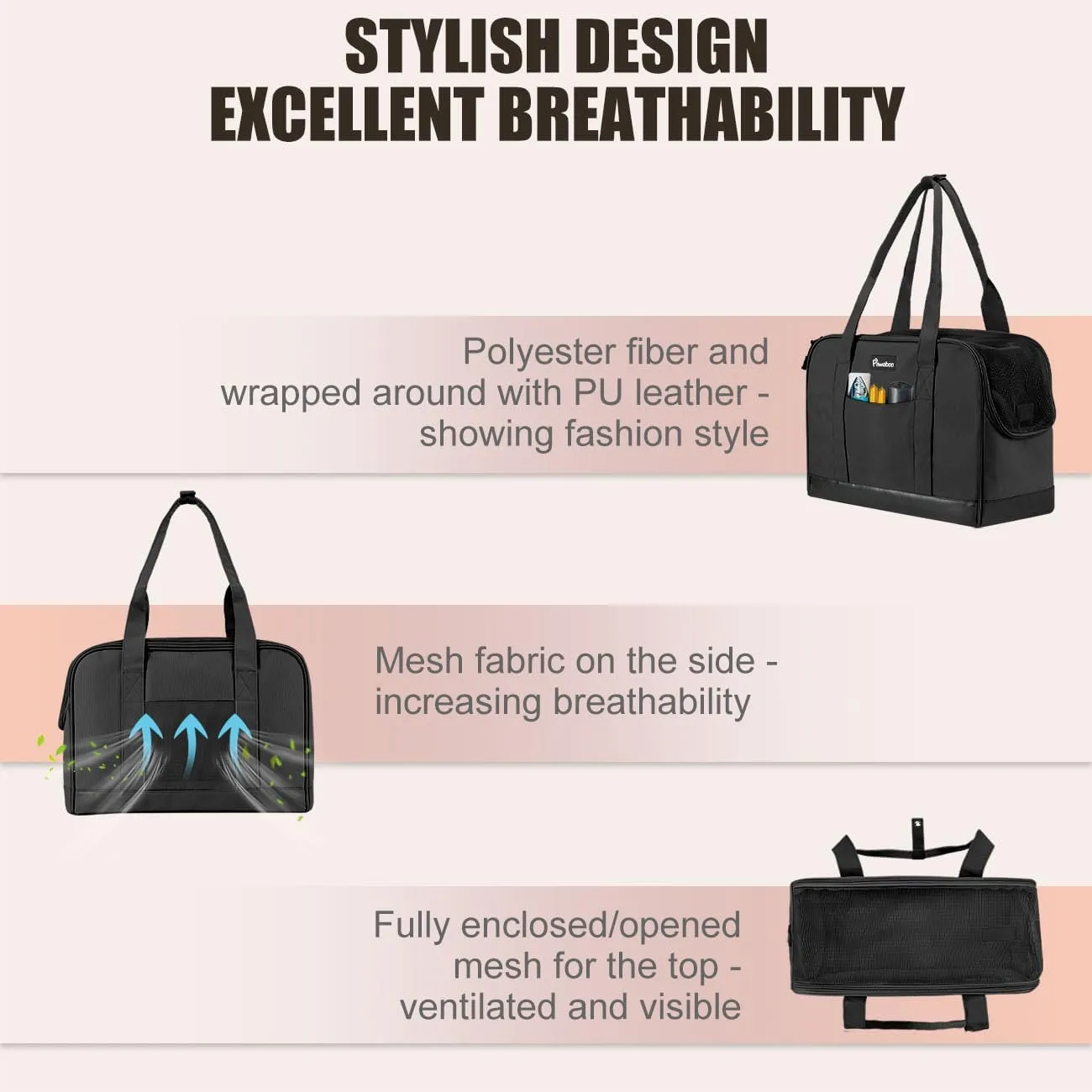 Pawaboo Dog Purse Carrier, Pet Carrier Tote with Pockets, Breathable Soft-Sided Pet Bag with Adjustable Safety Tether Strap for Shopping Travel, Pet Carrier Purse for Small Medium Dog Cat, Black