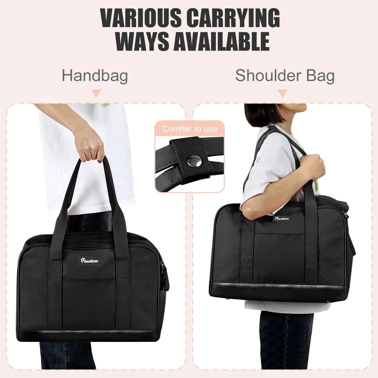 Pawaboo Dog Purse Carrier, Pet Carrier Tote with Pockets, Breathable Soft-Sided Pet Bag with Adjustable Safety Tether Strap for Shopping Travel, Pet Carrier Purse for Small Medium Dog Cat, Black