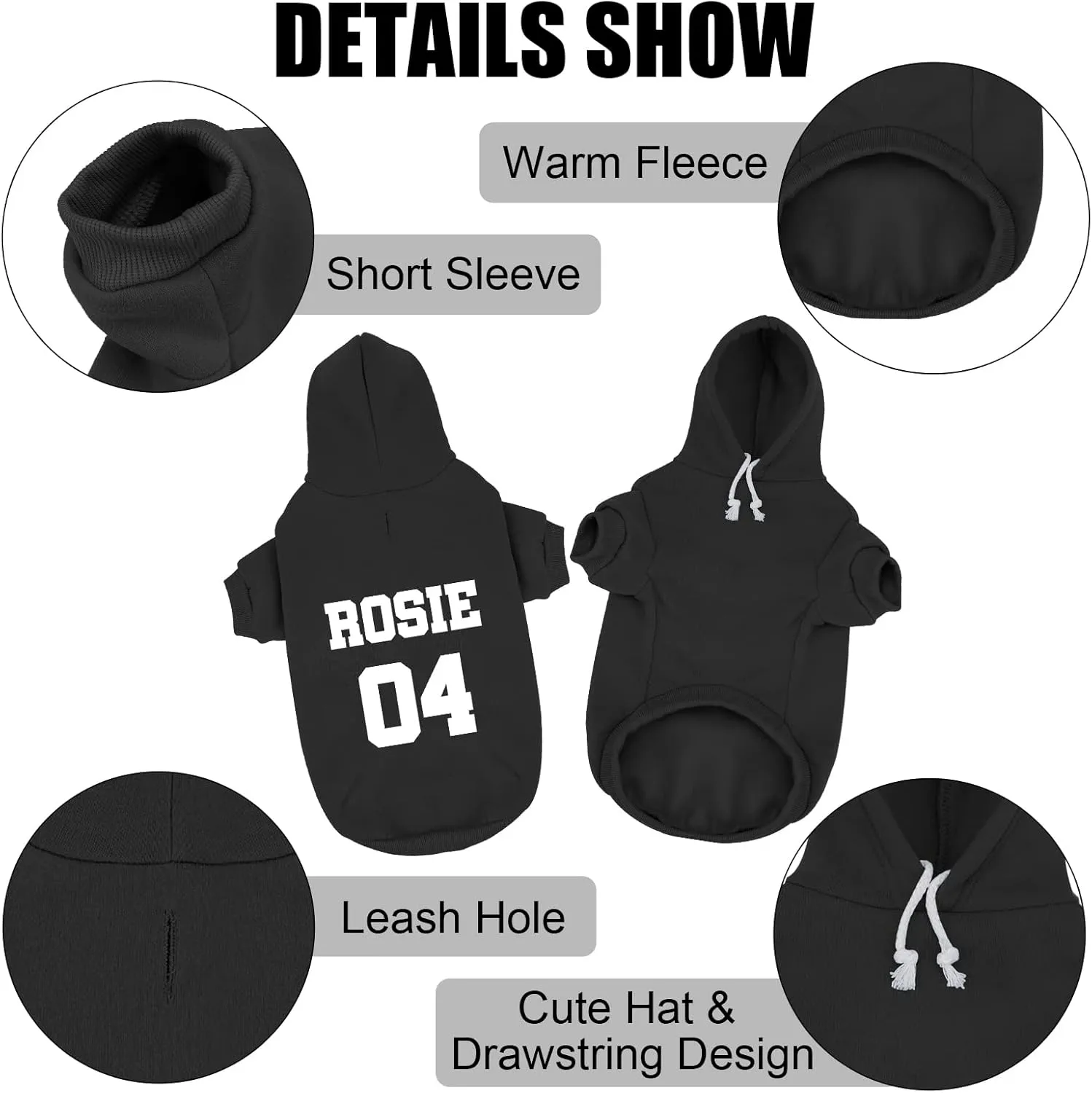 Personalized Dog Hoodie, Fleece Dog Hooded Jersey, Custom Pet Warm Pullover Sweatshirt with Name & Number, ID Clothes for Chihuahua Pupppy Kitten(Medium Black)