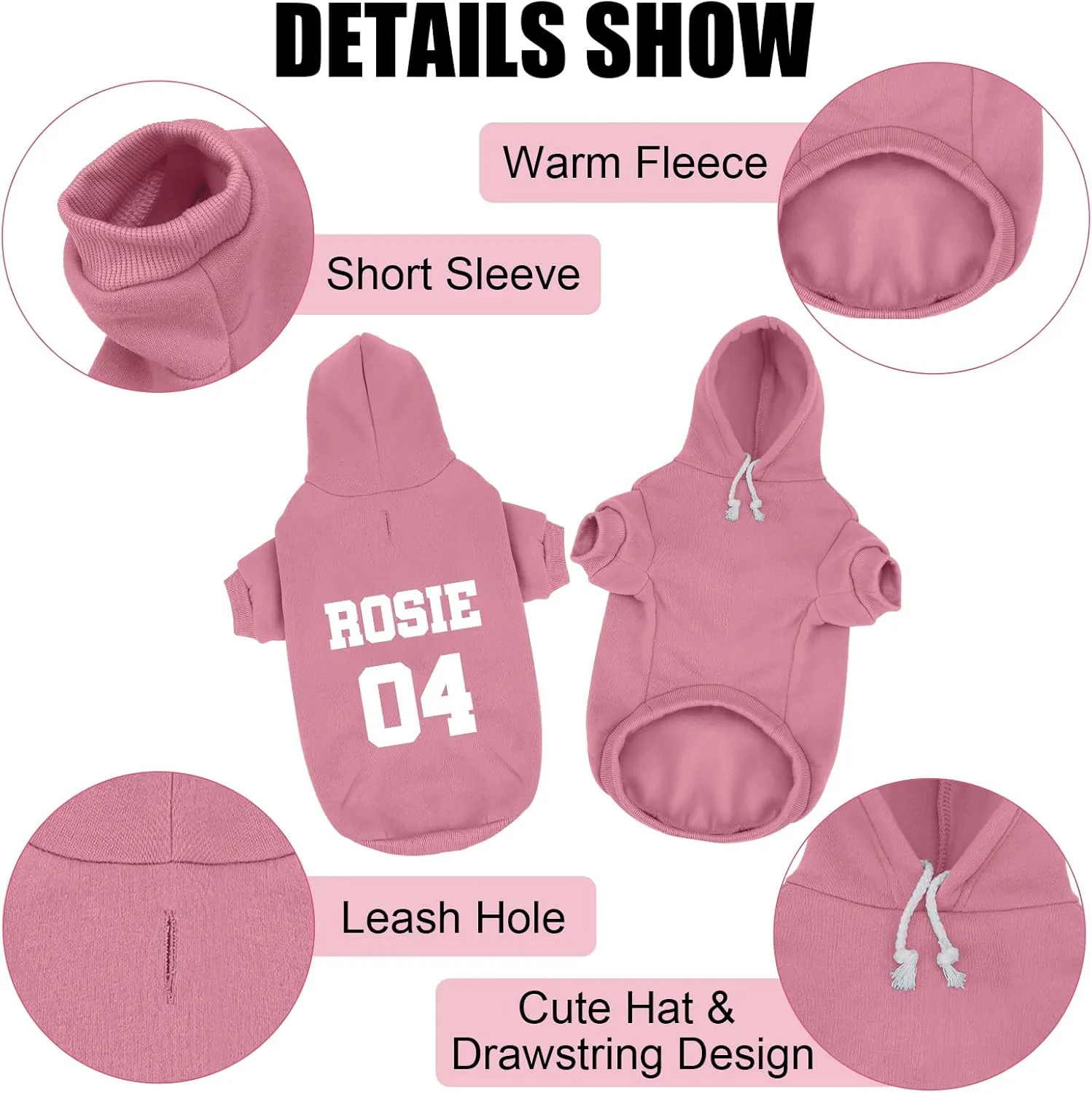 Personalized Dog Hoodie, Fleece Dog Hooded Jersey, Custom Pet Warm Pullover Sweatshirt with Name & Number, ID Clothes for Chihuahua Pupppy Kitten(Medium Pink)