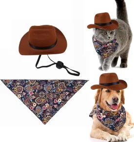 Pet Hat Costume Accessories 2 Pcs Set for Cat Small Dog Puppy Bandana Scarf Adjustable Brown Western Hat for Birthday Party Photo Cosplay Daily Wearing Christmas Holiday