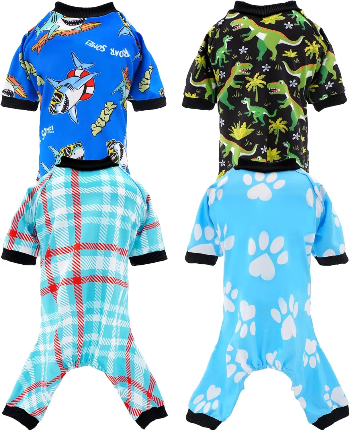 PET SHOW 4 Pack Small Dog Pajamas Summer Clothes for Doggies Boy Dinosaur Shark Soft Stretchy PJs Plaid Jumpsuit Puppy Cats Kittens Paw Onesies Outfits with Sleeve Pets Breathable Costume XS