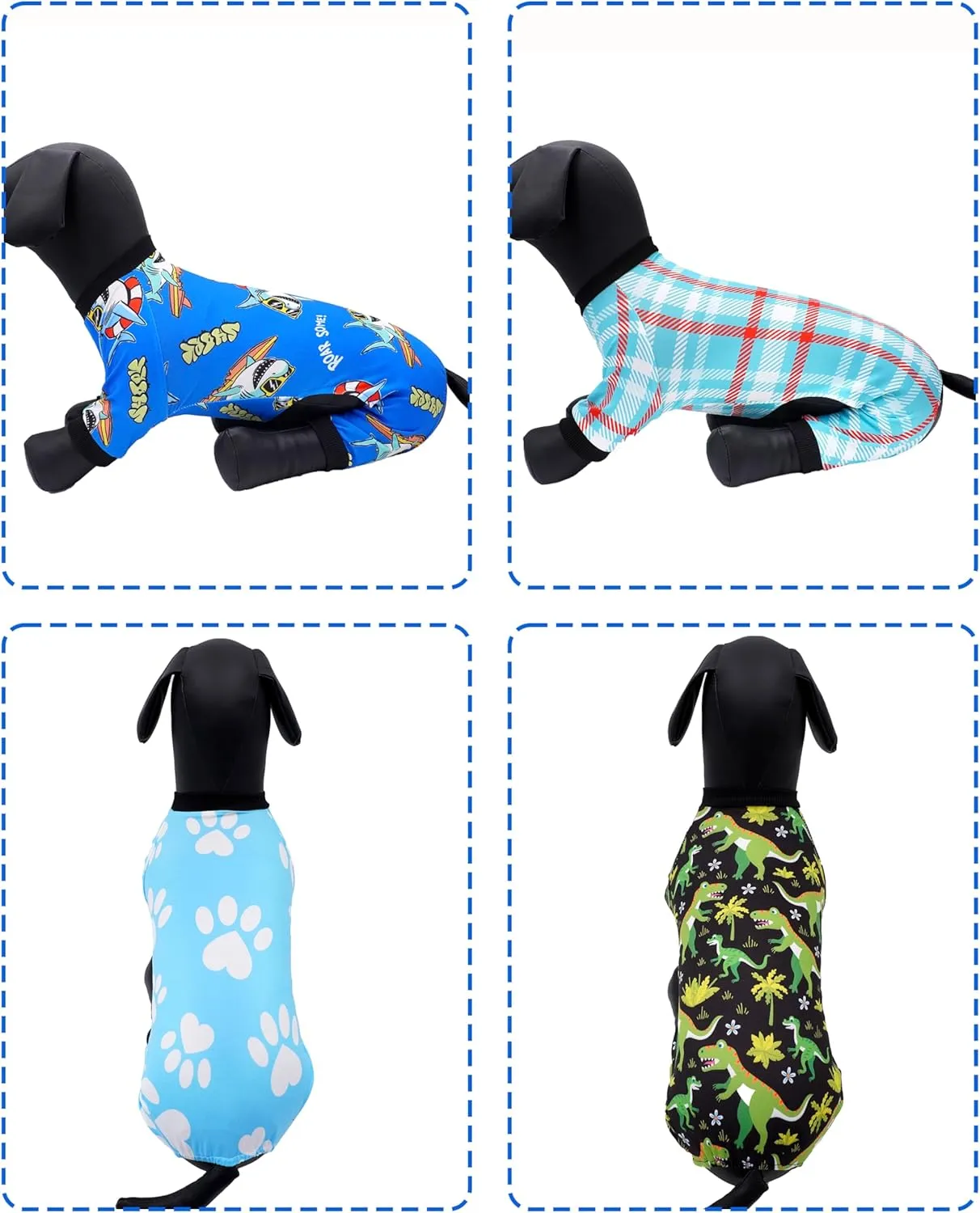 PET SHOW 4 Pack Small Dog Pajamas Summer Clothes for Doggies Boy Dinosaur Shark Soft Stretchy PJs Plaid Jumpsuit Puppy Cats Kittens Paw Onesies Outfits with Sleeve Pets Breathable Costume XS