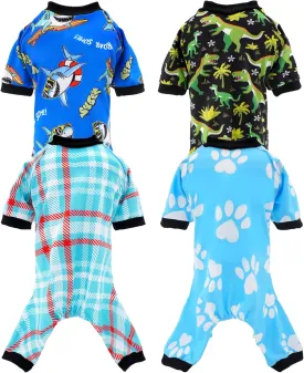 PET SHOW 4 Pack Small Dog Pajamas Summer Clothes for Doggies Boy Dinosaur Shark Soft Stretchy PJs Plaid Jumpsuit Puppy Cats Kittens Paw Onesies Outfits with Sleeve Pets Breathable Costume XS